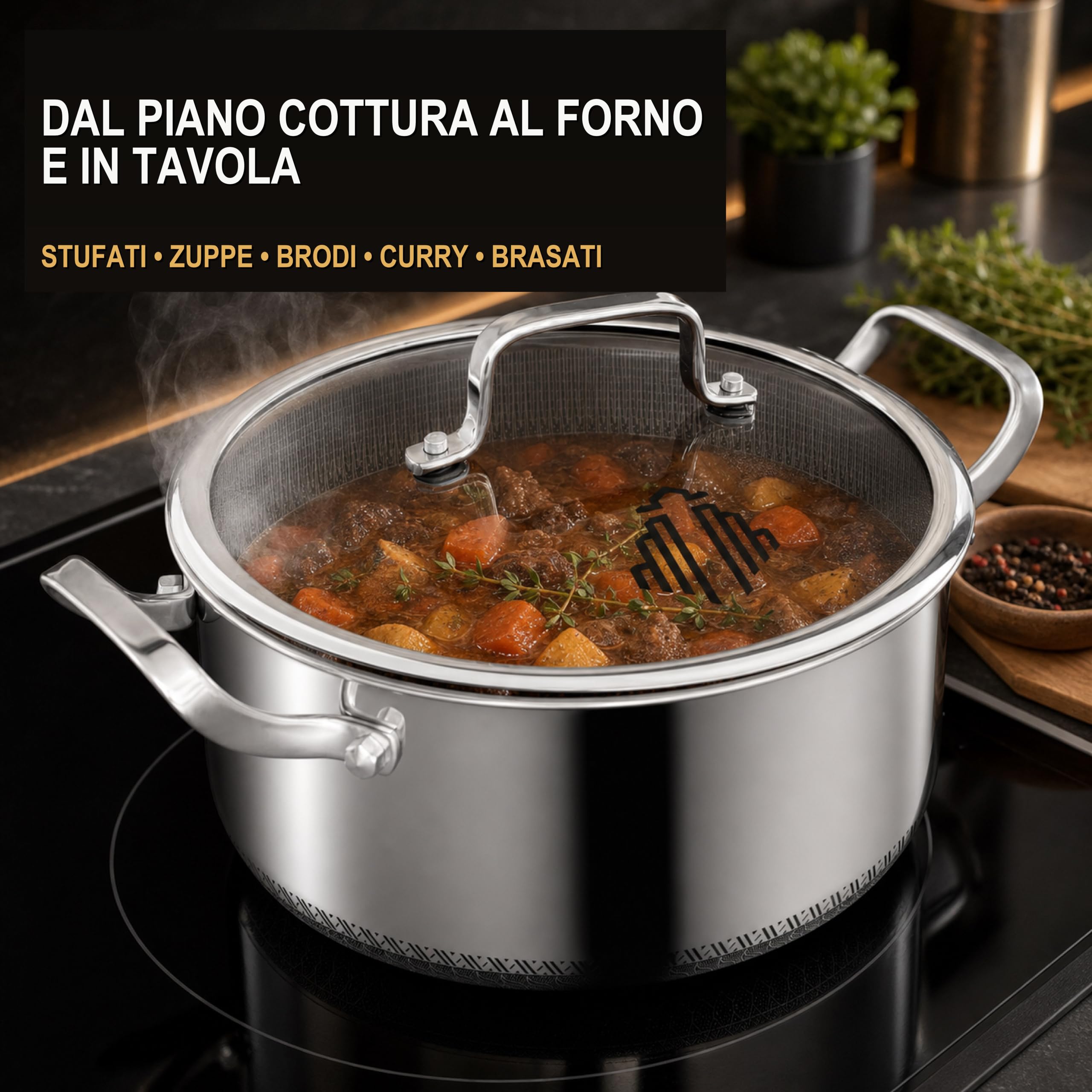 INTIGNIS® Pentola con Coperchio | Casseruola Antiaderente in Acciaio inox con Coperchio | Compatibile con l'induzione | Resistente ai Graffi | Adatta al Forno | Resistente (5 Litro)