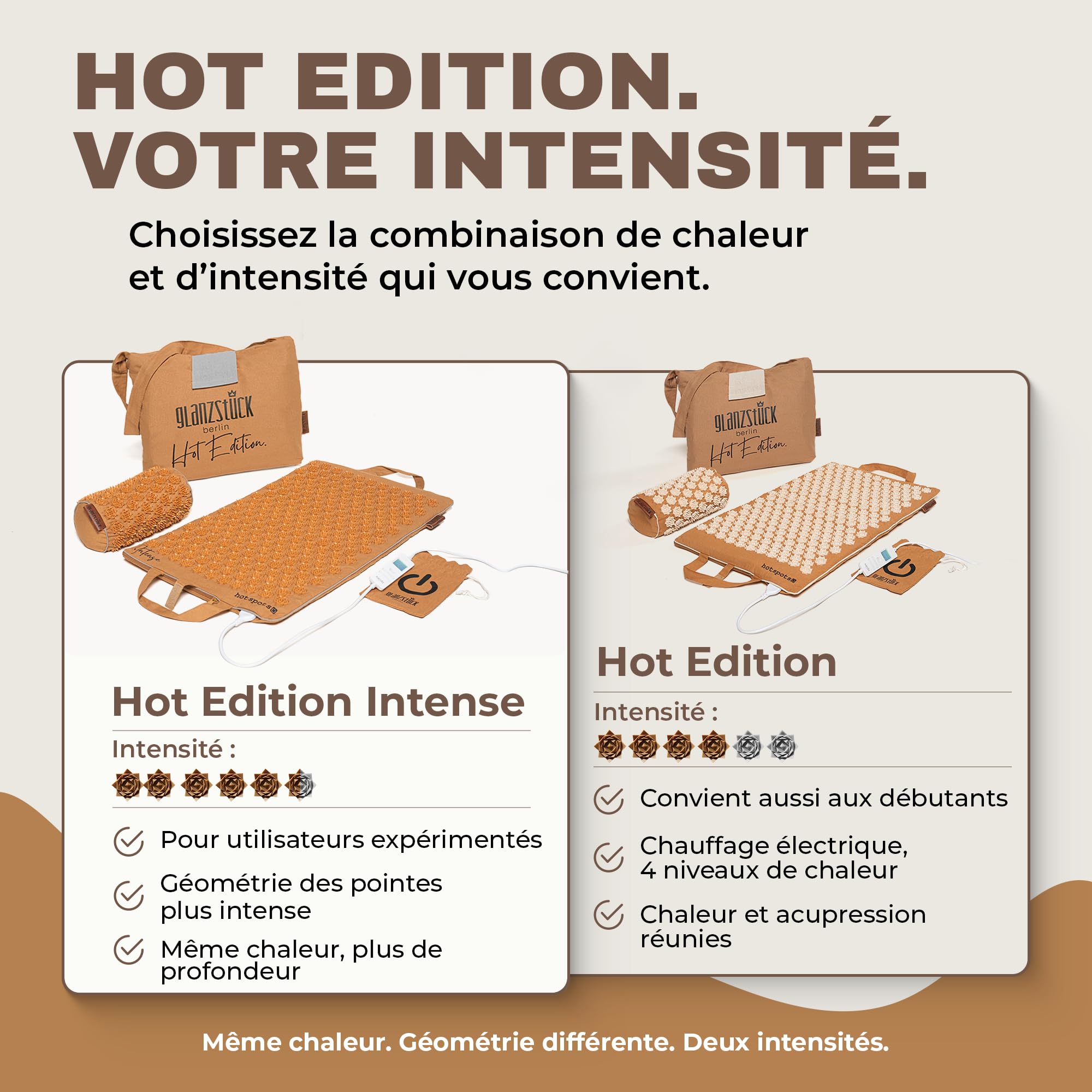 Glanzstück Berlin® Health Collection Ensemble de tapis d'acupression XL Hot Edition Intense chauffant électrique en lin aide à soulager les tensions, les maux de dos, tapis de massage avec sac