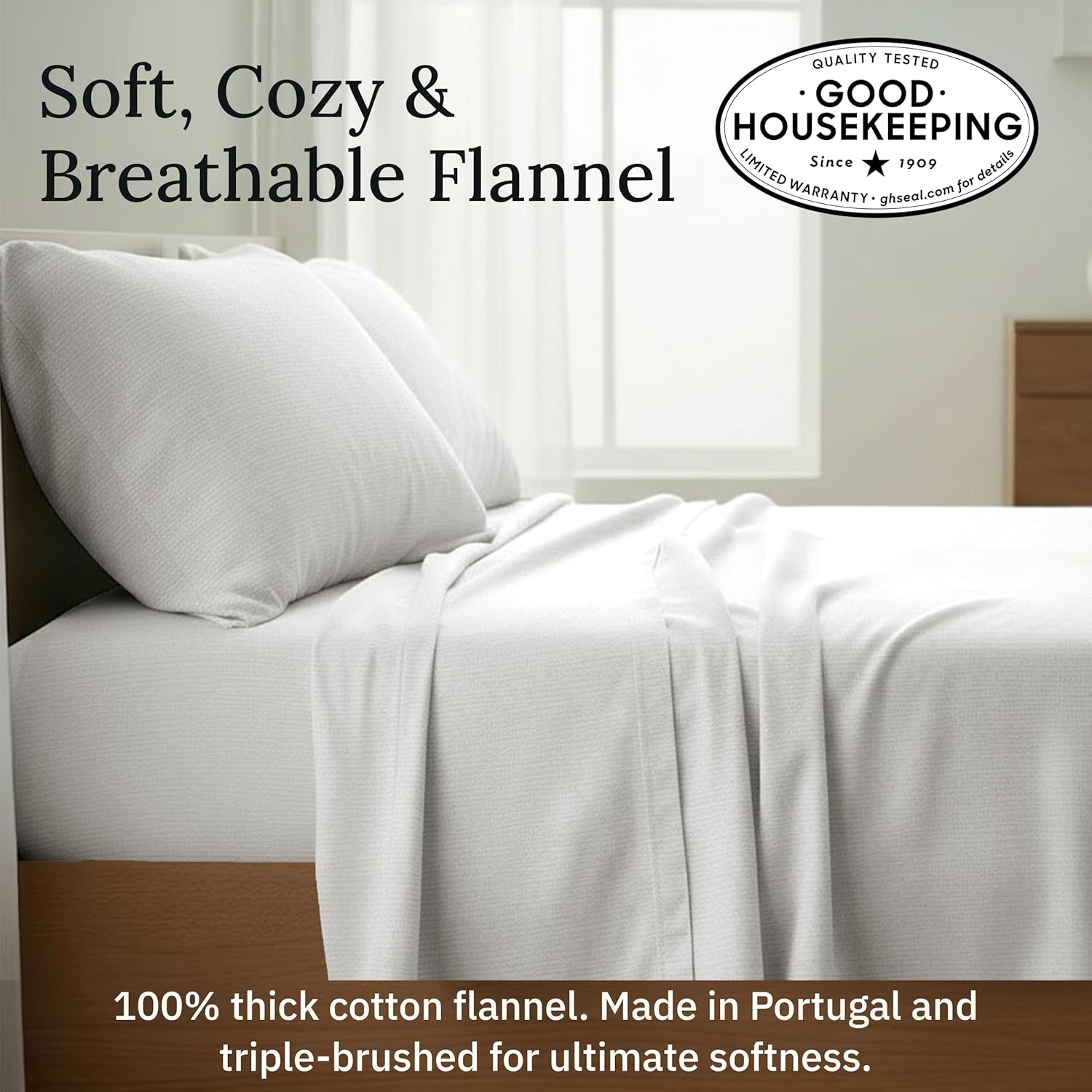 California Design Den Yarn Dyed California King Bed Sheets Set - Made in Portugal, 4-Pc 100% Cotton Flannel Sheets, Thick, Velvet Soft, Triple-Brushed, Extra Deep Pockets - Cream Stripe