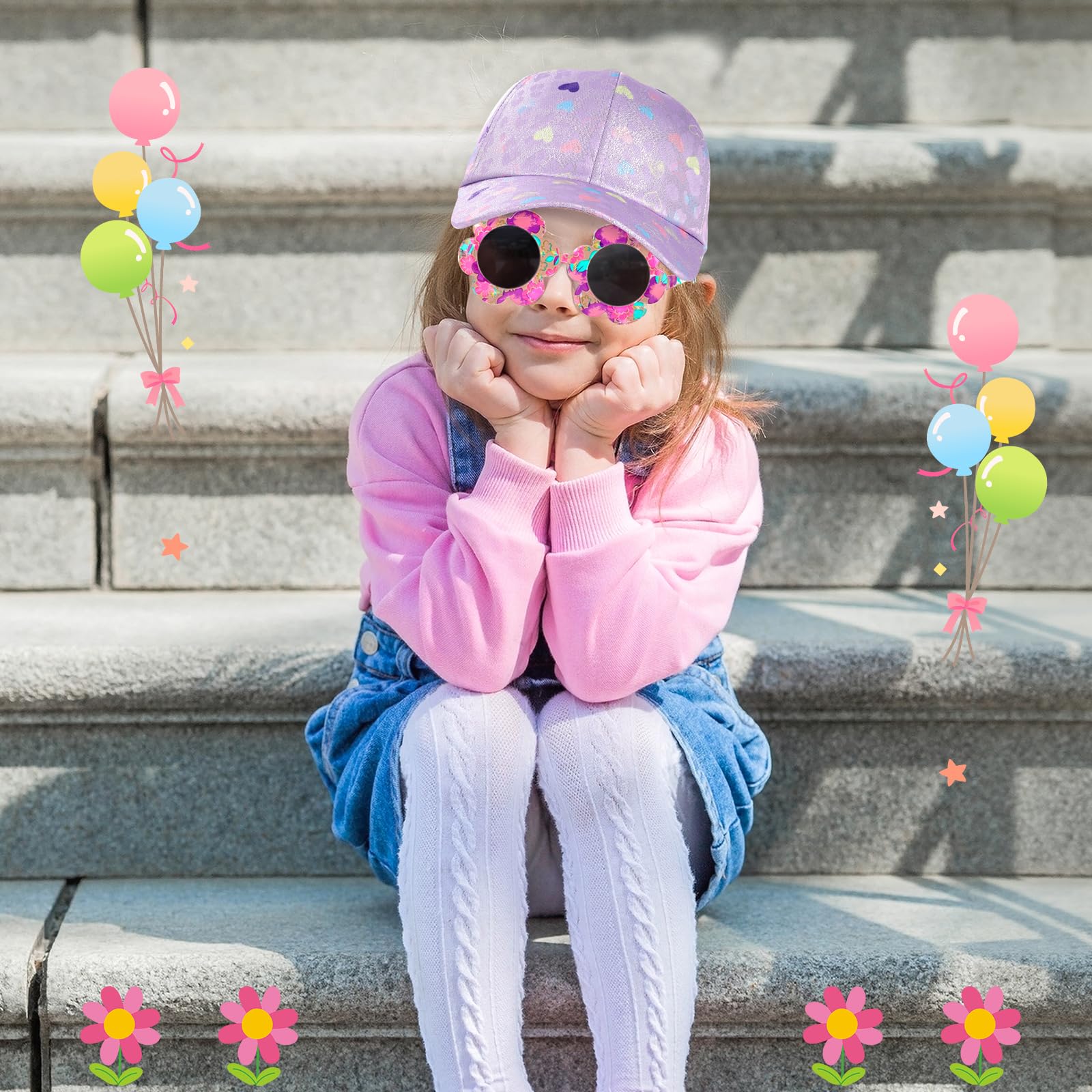 Gorra de Béisbol para Niñas, Gafas de Sol de Flor Linda Gorra Béisbol Ajustables Transpirable Gorra de Verano para Deporte Vacaciones Playa