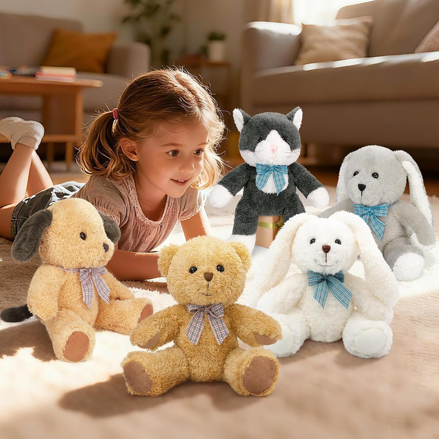 MaoGoLan 5 Pack Soft Stuffed Animals Bulk for Easter 13'' Cute Plush Toys Party Favors Bundle for Kids Teens Girls - Teddy Bear, Floppy Bunnies, Dog, Cat - Baby Shower Decor