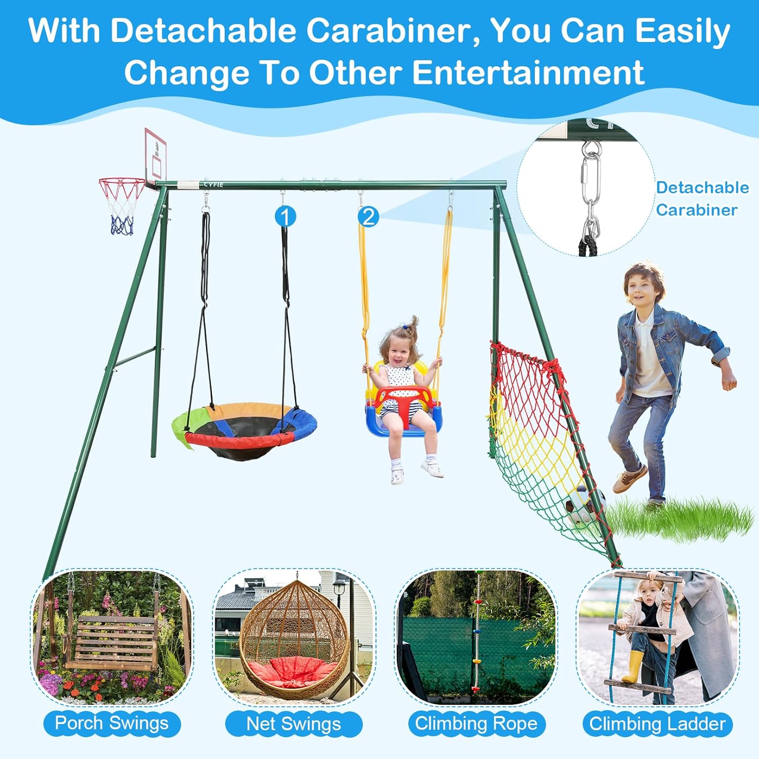 CYFIE Swing Sets for Backyard, 7-in-1 Kids Swing Set and Saucer Swing, Outdoor 440lbs Heavy Duty Metal Frame Stand, Basketball Hoop and Soccer Goal, Toddler Playset for Backyard, Playground