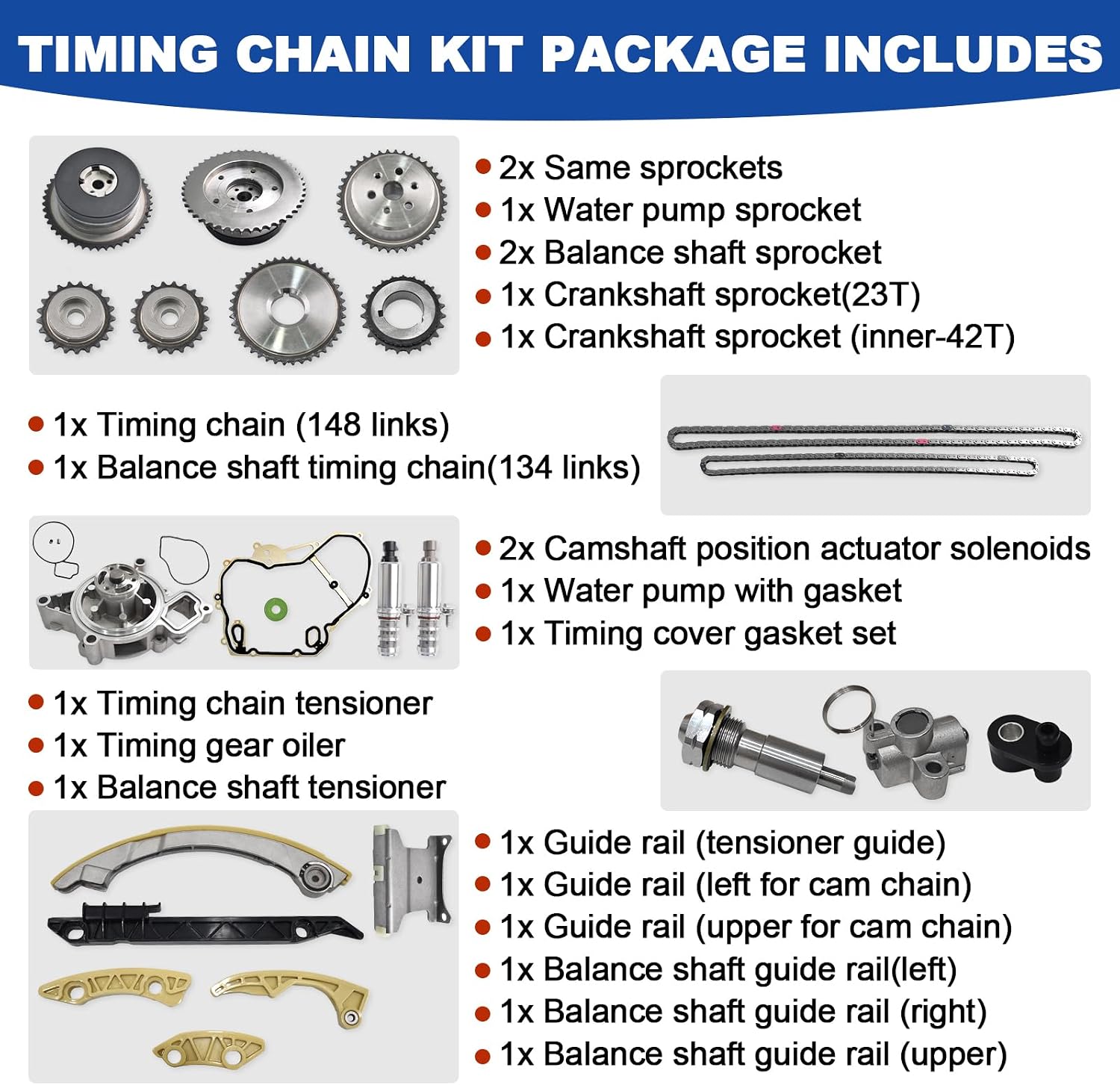 94201S 2.4 Timing Chain Kit Fit for 2009-2017 Buick Lacrosse Verano, Chevy Equinox Malibu, GMC Terrain 2.2L 2.4L, w/Tensioner, Guide Rail, Crank Sprocket, Shaft Sprocket, VVT Valve, Water Pump