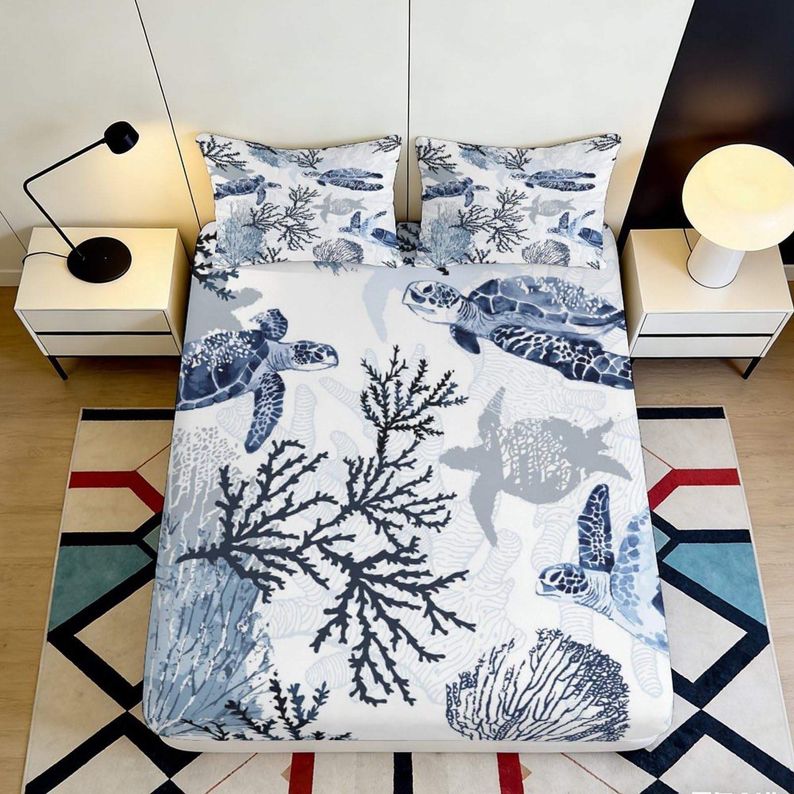 3D Printed Sea Turtle Fitted Sheet Microfiber Ocean Coral Mattress Cover for Bedroom Dorm Mattress Protection Decor 90x200x25cm