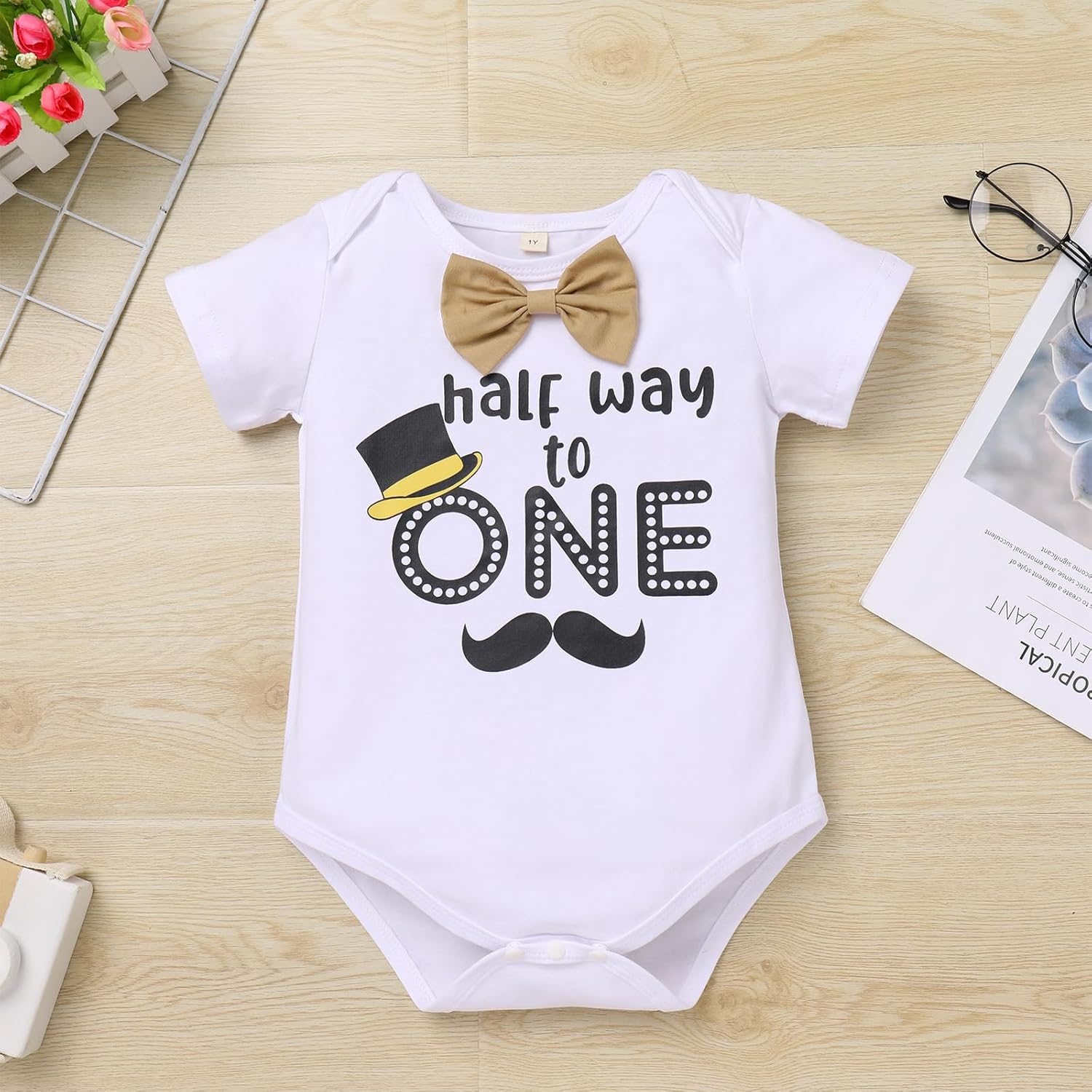 IBTOM CASTLE Baby Boy 1/2 Birthday Outfit Bowtie Romper+Suspenders+Shorts+Crown Half Way to One Cake Smash Photo Shoot Outfit - Image 4