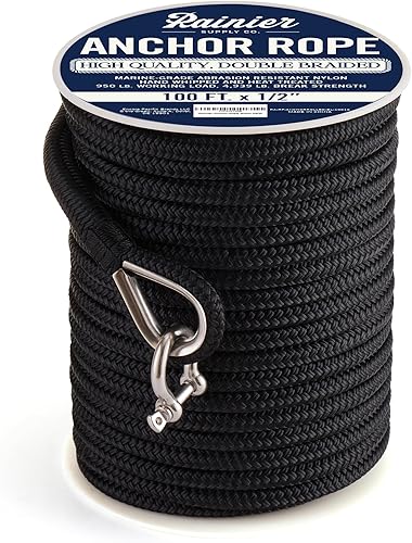 RainierSupplyCo - Cuerda de anclaje para barco, cuerda marina de doble trenzada, línea de anclaje de cuerda marina de 100150200300 pies con dedal de