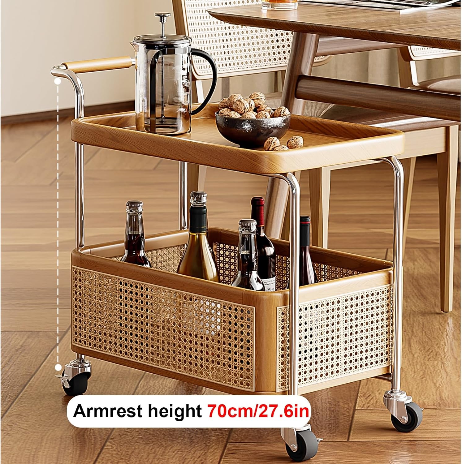 Mobile Side Table with Breathable Storage Basket, Handrail Design, End Table for Small Spaces, Wheels (Beige)