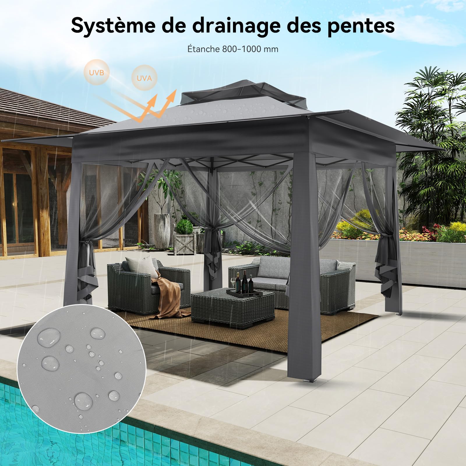 YU YUSING Tonnelle de Jardin Extérieure 3,65 x 3,65 m avec Moustiquaires 360°, Pop up Barnum Pliant, Toit Ventilé, Pergola Imperméable Anti UV 50+ Respirable, Tente Réception, Camping, Festival, Gris