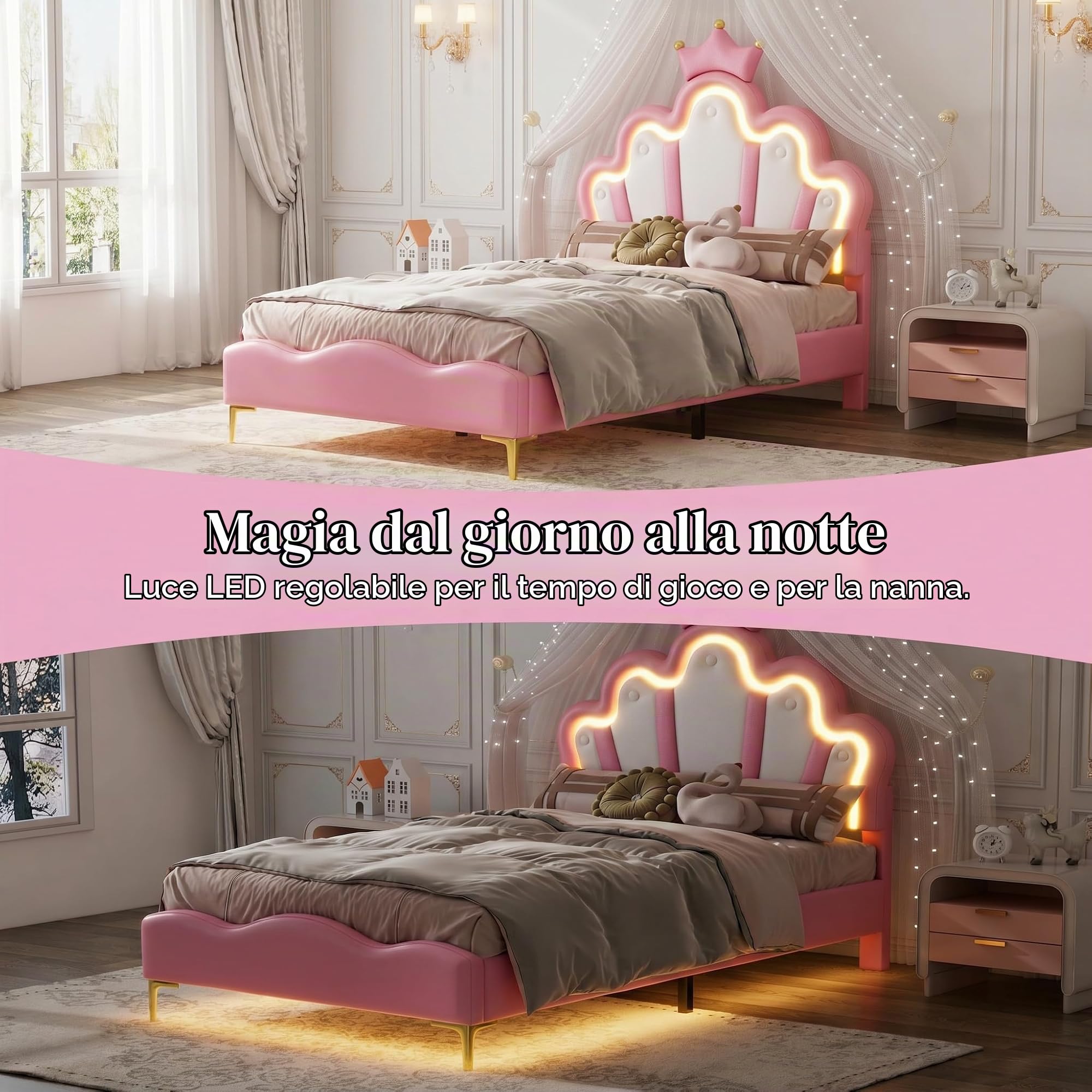 Letto matrimoniale imbottito per bambini, 140 x 200 cm, letto per ragazze con testiera LED imbottita e rete a doghe, in poliuretano, senza materasso (Rosa, 140x200cm)