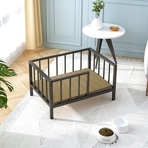 Miniatura 3 de Cama para perros con rieles, marco de cama elevado de metal para mascotas con tablero de madera maciza y tapete suave lavable para perros pequeños