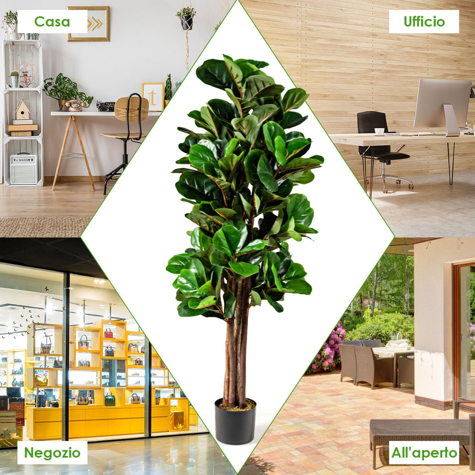 COSTWAY Pianta Finta da Interno da 150 cm, Albero Fico Ficus Artificiale Plastica in Vaso, Pianta Artificiale per Salotto, Camera da Letto e Balcone