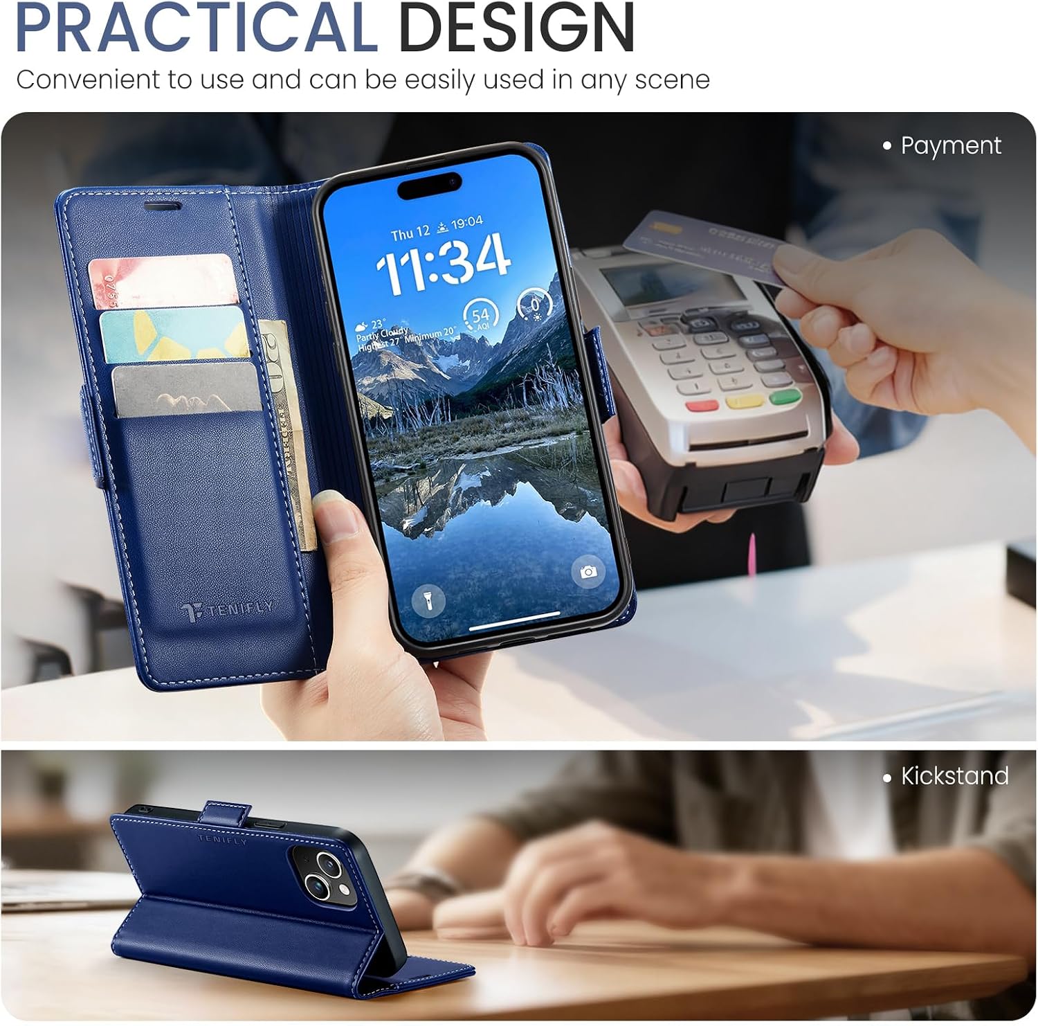 for iPhone 13 Mini Case Wallet with Card Holder, Fashion Blue image 3