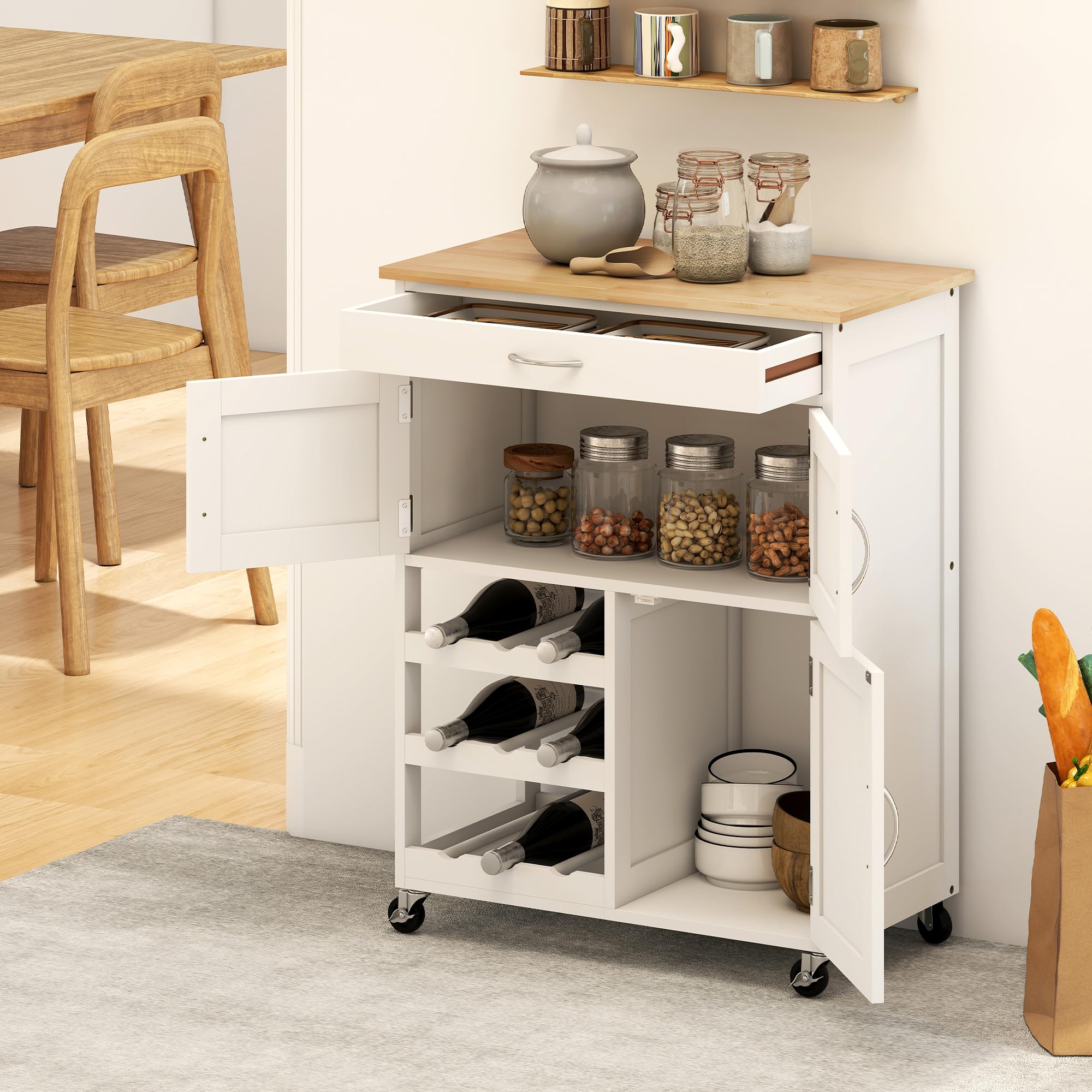 HOMCOM Carrello da Cucina con 9 Portabottiglie, 3 Ante, 4 Ruote e Cassetto, Mobiletto Cucina Salvaspazio con Piano in Legno di Gomma, per Soggiorno, 67x37x87 cm, Bianco e Rovere