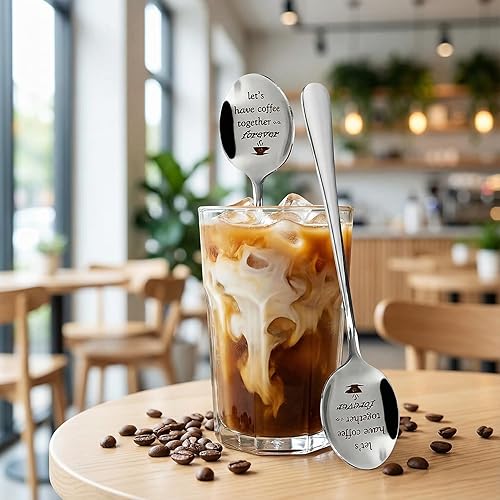 Miniatura 4 de 2 cucharas de café grabadas de 7.5 pulgadas Let's Drink Coffee Together Forever Cucharas de acero inoxidable personalizadas para helados, regalos