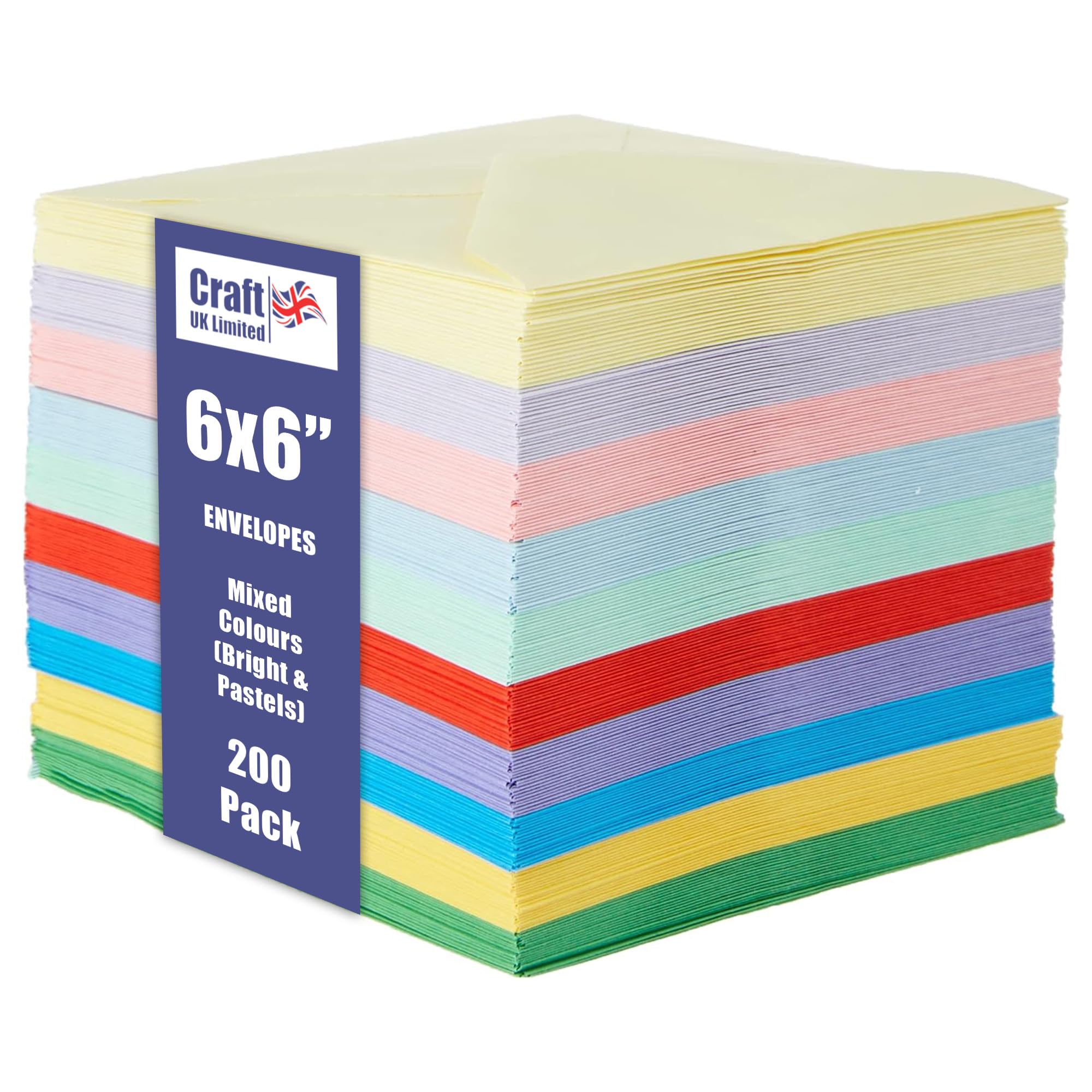Craft UK, 200 6x6 Envelopes for Card Making, Invitations, and More, 80gsm, Made in the UK, Lasting Quality, Brights & Pastels (20 x 10 Assorted Colours)