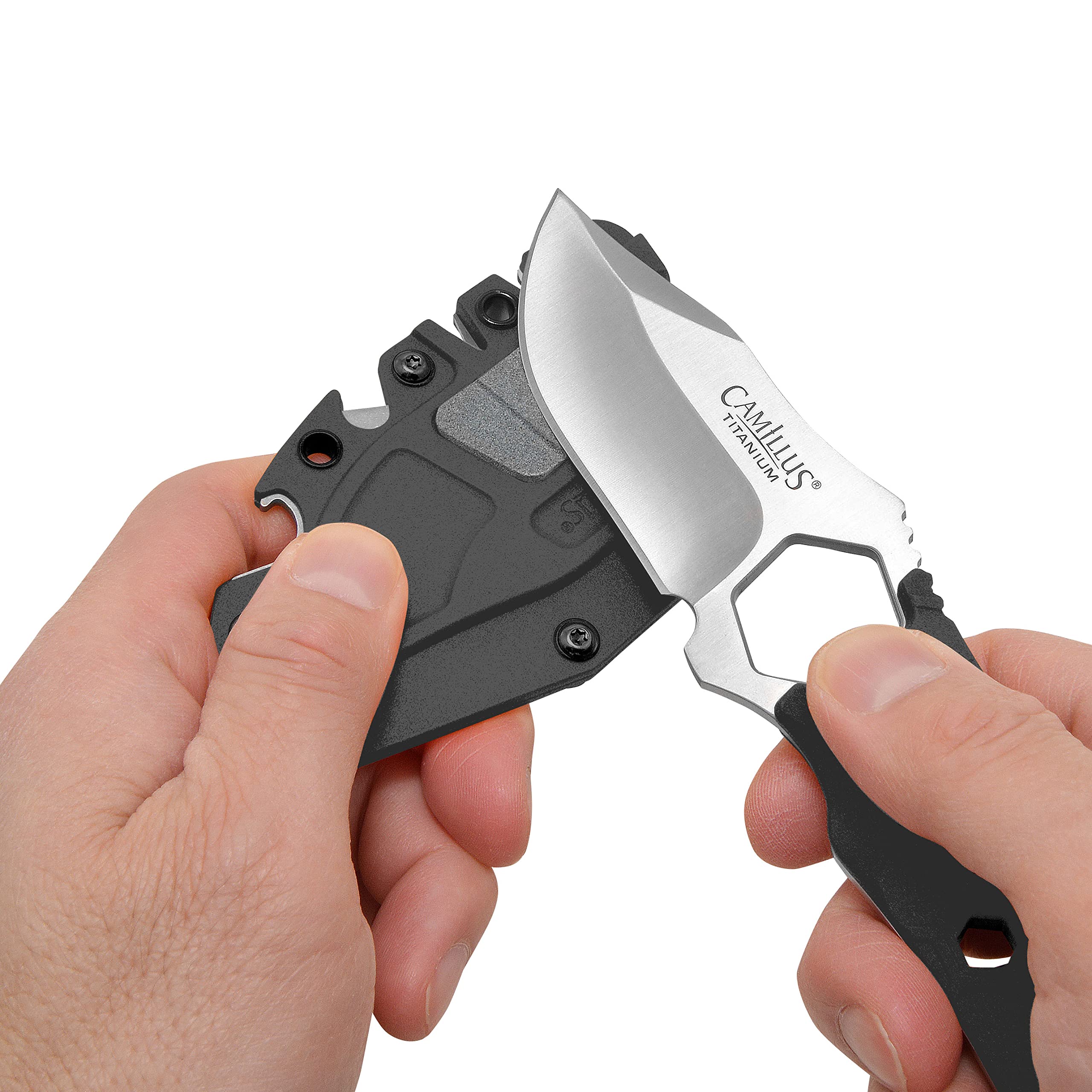 Camillus Comb 7.25" Clip Point Blade Durable Corrosion-Resistant 420 Stainless Steel Outdoor Survival Hunting Fishing Camping Fixed Blade Knife, Molded Sheath with 4 Additional Functions Included