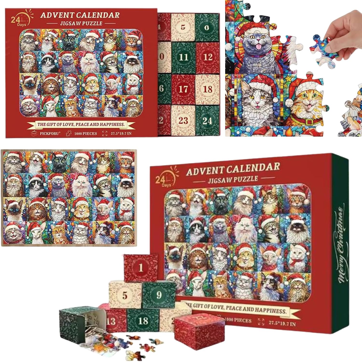 Christmas Advent Calendar 2025 — 1000-Piece Puzzle Countdown (Cat Mosaic Stained Glass) — Daily 24-Day Jigsaw for Adults, Holiday Home Decor