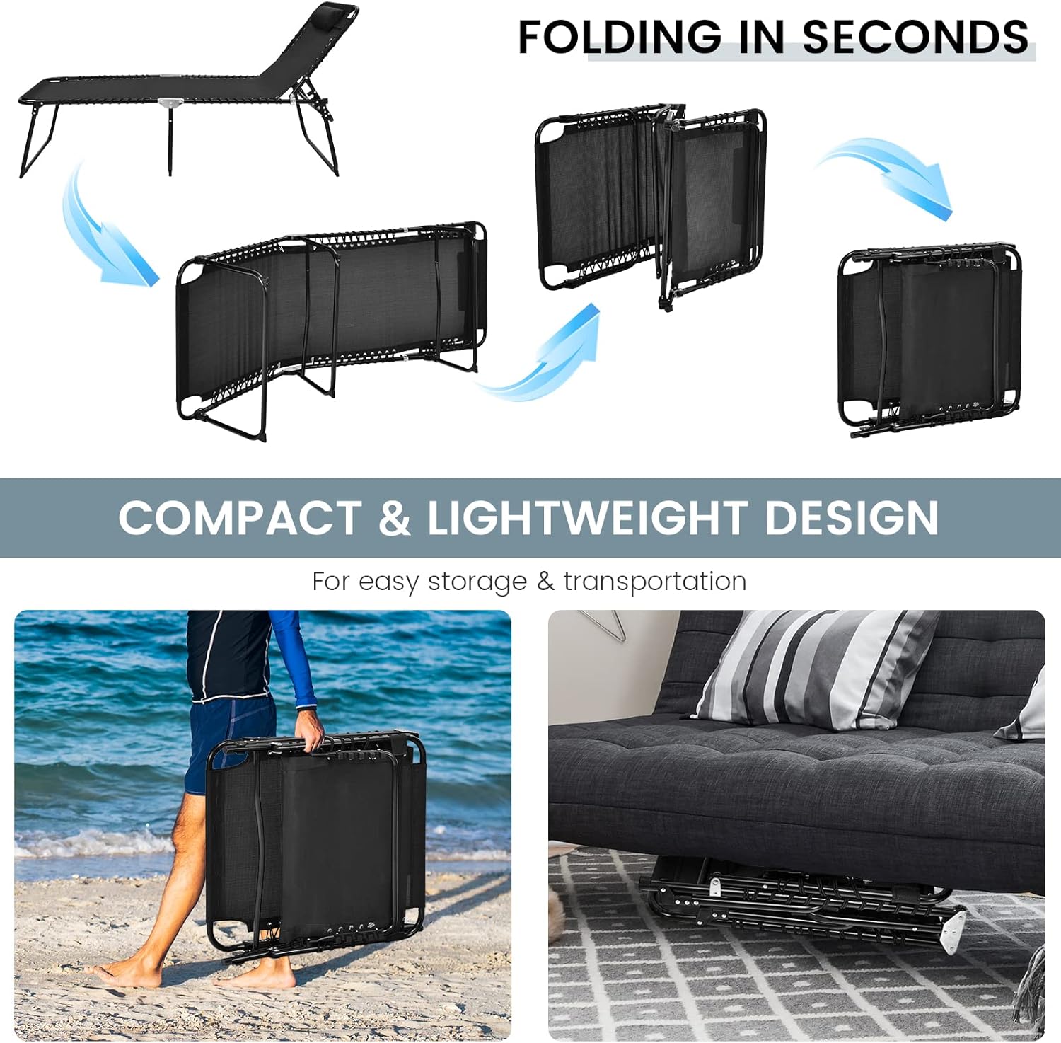 Goplus Chaise Lounge Chair Outdoor, Extra Large Folding 5-Postion Beach Lounge Chair with Detachable Pillow, Side Pocket, Sunbathing Lounge Chair, Adjustable Tanning Chair for Patio Lawn Pool Yard