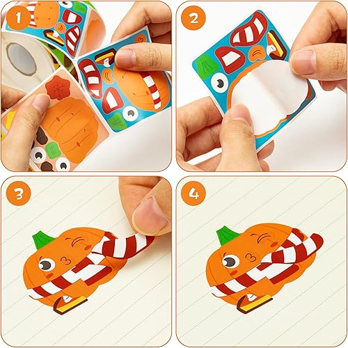 Miniatura 4 de Haooryx Rollo de 300 calcomanías de calabaza de otoño para hacer una cara, haz tu propia cara de calabaza, calcomanías adhesivas para mezclar y