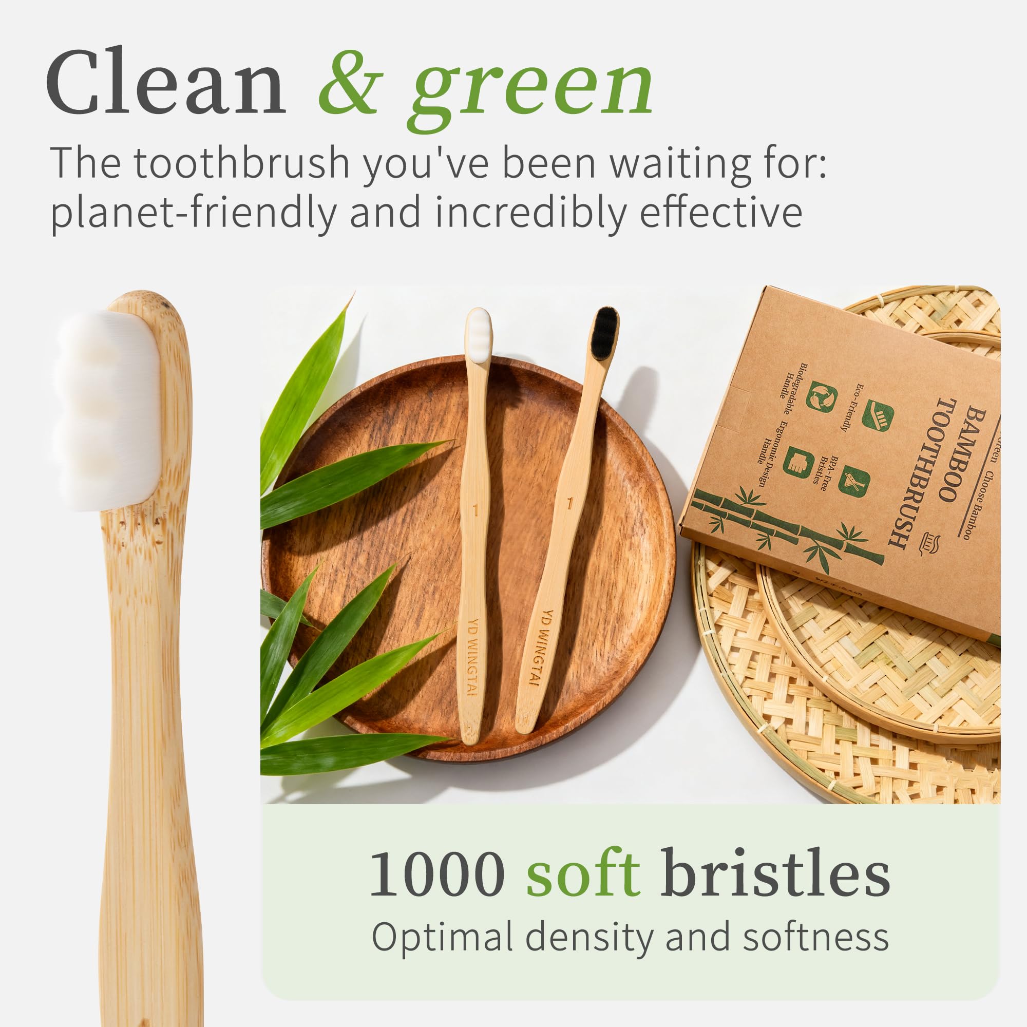 Cepillo de dientes de bambú con cerdas sin BPA, mango biodegradable, diseño ergonómico, paquete de 12 unidades, juego de cuidado bucal de madera natural para adultos