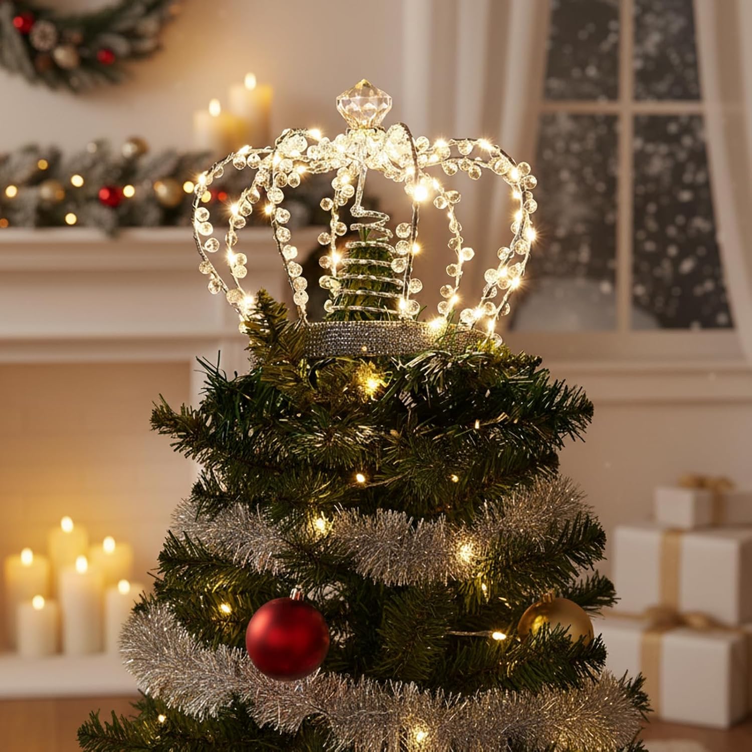PEIDUO Christmas Jeweled Crown Tree Topper, Light up Tree Topper with 60 Warm White Lights, Large Christmas Topper Unique with Multifunction Controller, Metal Xmas Topper Decorations for Tree, Plug in