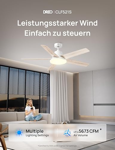 DREO Smart Ceiling Fan with Lights, 52 Inch (132 cm), 12 Speeds 3 Modes, Stepless Color Tones, Dimmable LED Light, 12H Timer, Quiet DC Motor, Remote/APP/Alexa Control, Electric Fan for Bedroom, White - 2