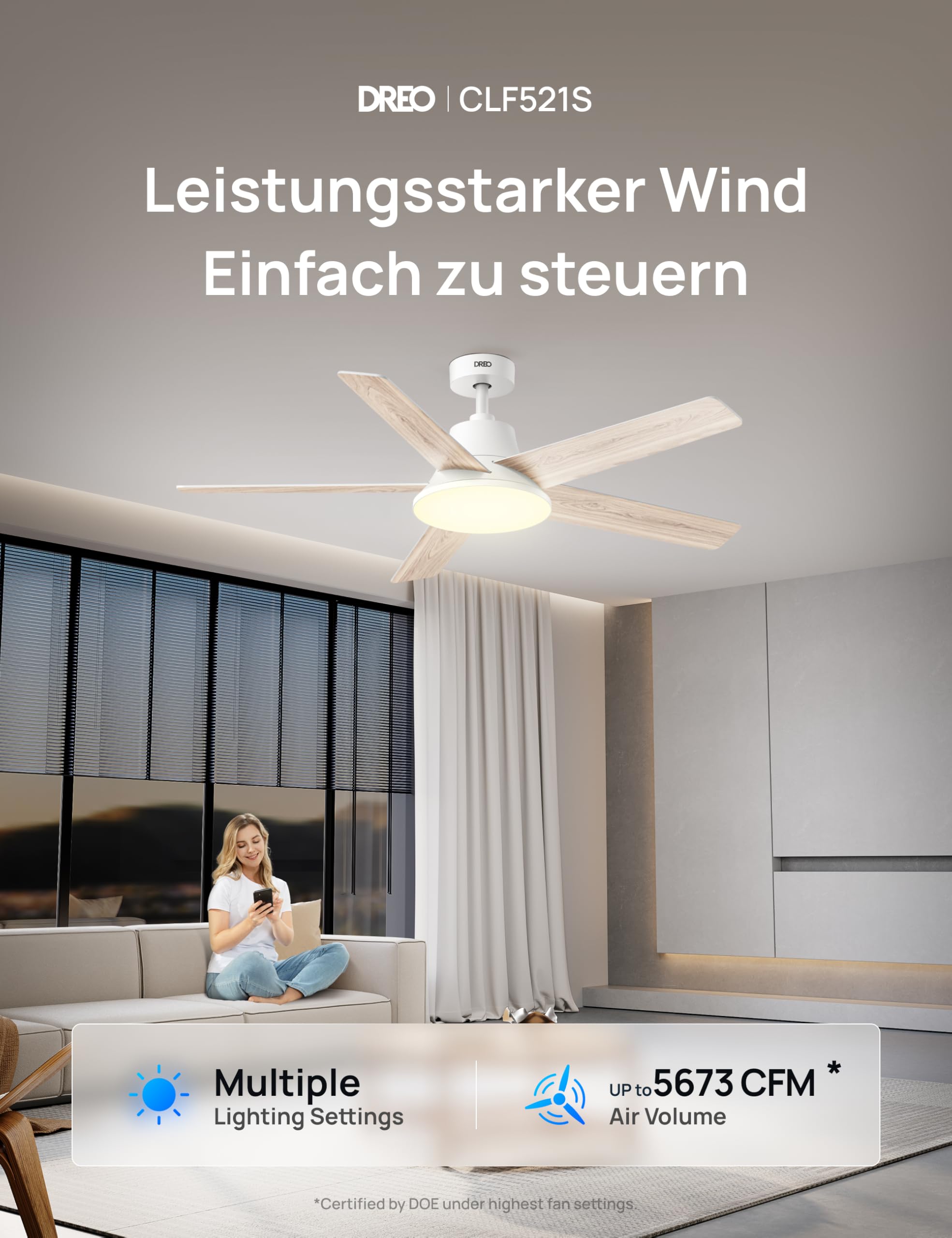 DREO Smart Deckenventilator mit Licht, 132 cm, 12 Geschwindigkeiten, 3 Modi, stufenlos dimmbares LED-Beleuchtung, leiser DC-Motor, 12H-Timer, Fernbedienung/APP/Alexa, für Innenräume, Weiß