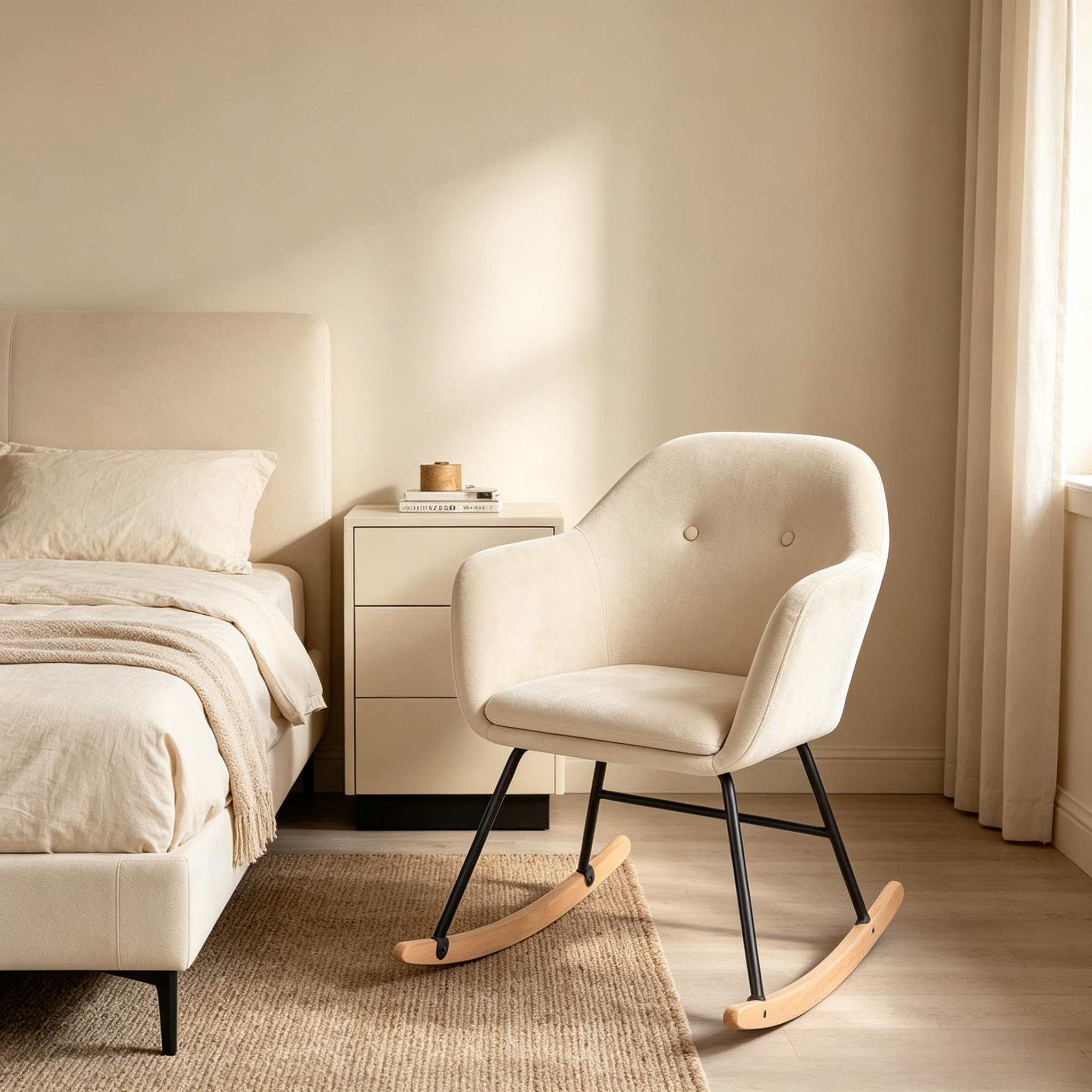 Fotel bujany, relaksacyjny, bujany z wysokim oparciem, tapicerowany aksamitny fotel bujany do salonu, ergonomiczny fotel do czytania z podłokietnikami, obciążenie 100 kg, kremowo-biały