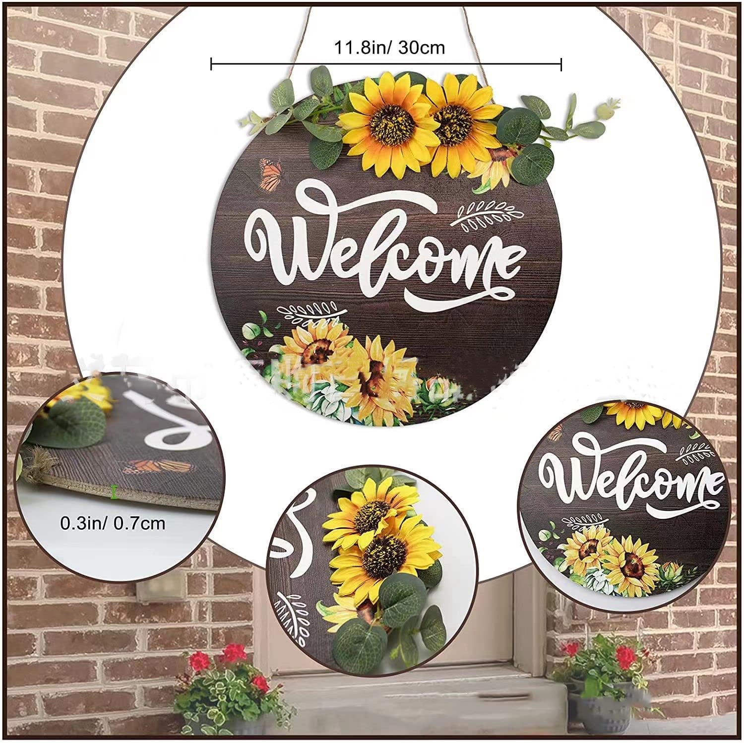 Türkranz Sonnenblume Ganzjährig - Holzdeko Für Haustür 30cm Braun Mit Willkommensstempel