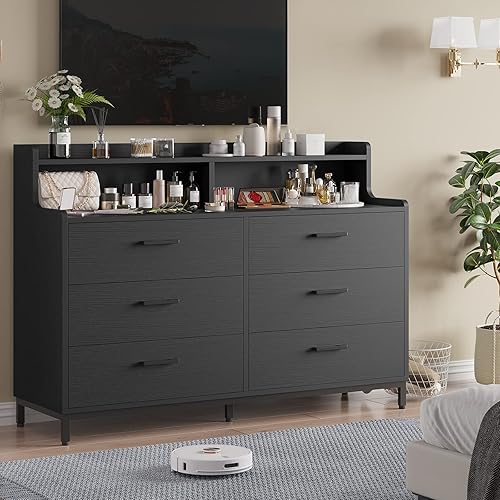 Hasuit Black Dresser for Bedroom with 6 Drawers and Storage Shelves, Wide Chest of Drawers with Sturdy Steel Legs, Large Wooden Storage Tower Dresser Organizer, Dressers for Bedroom, Clost, Entryway