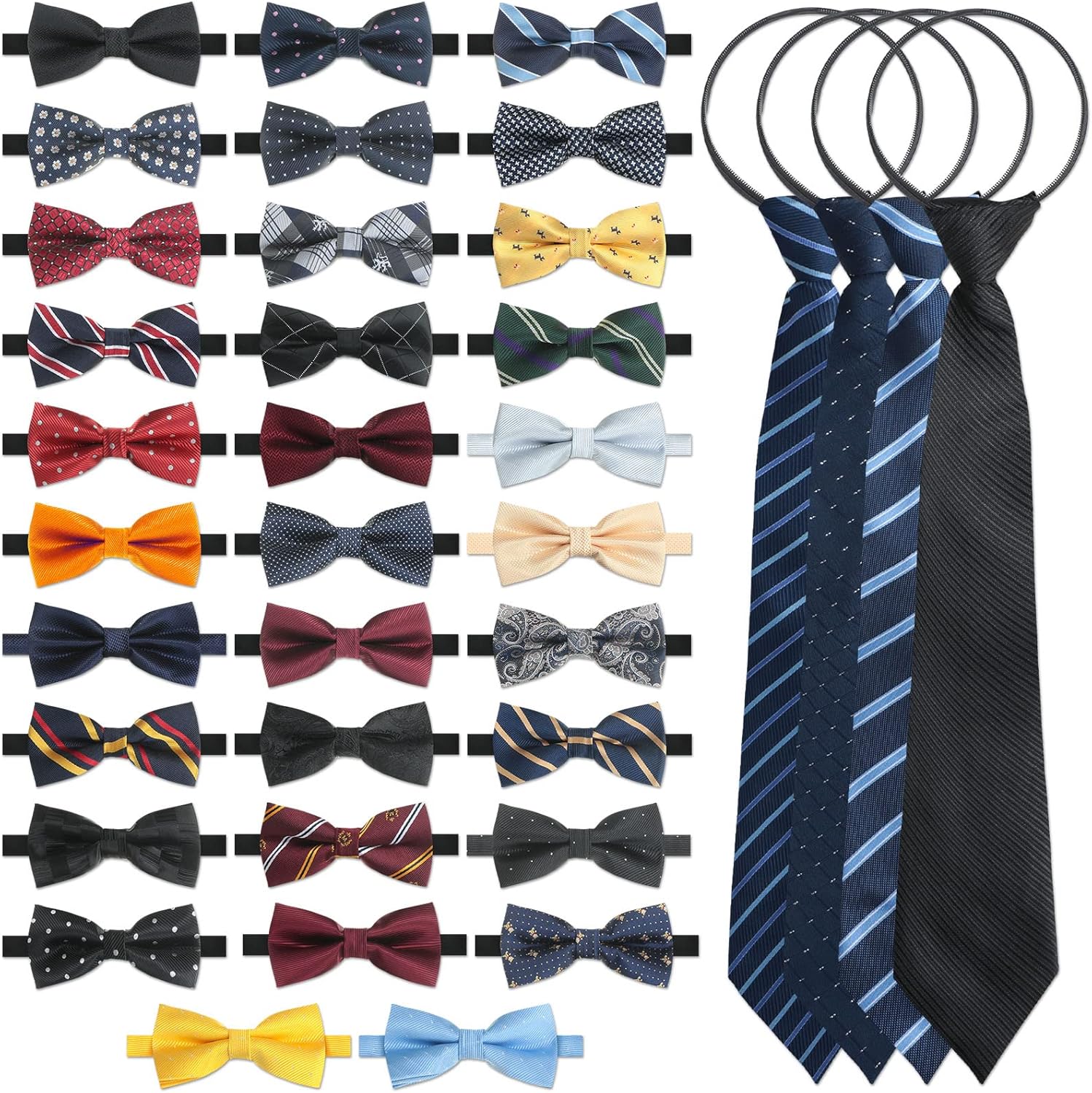 JaGely 32 Pack Elegant Pre-tied Bow Ties with 4 Pack Zipper Ties for Men Boys, Adjustable Bow Tie Classic Zipper Neck Tie Neck Band Set Gift Idea for Business Wedding Birthday Party