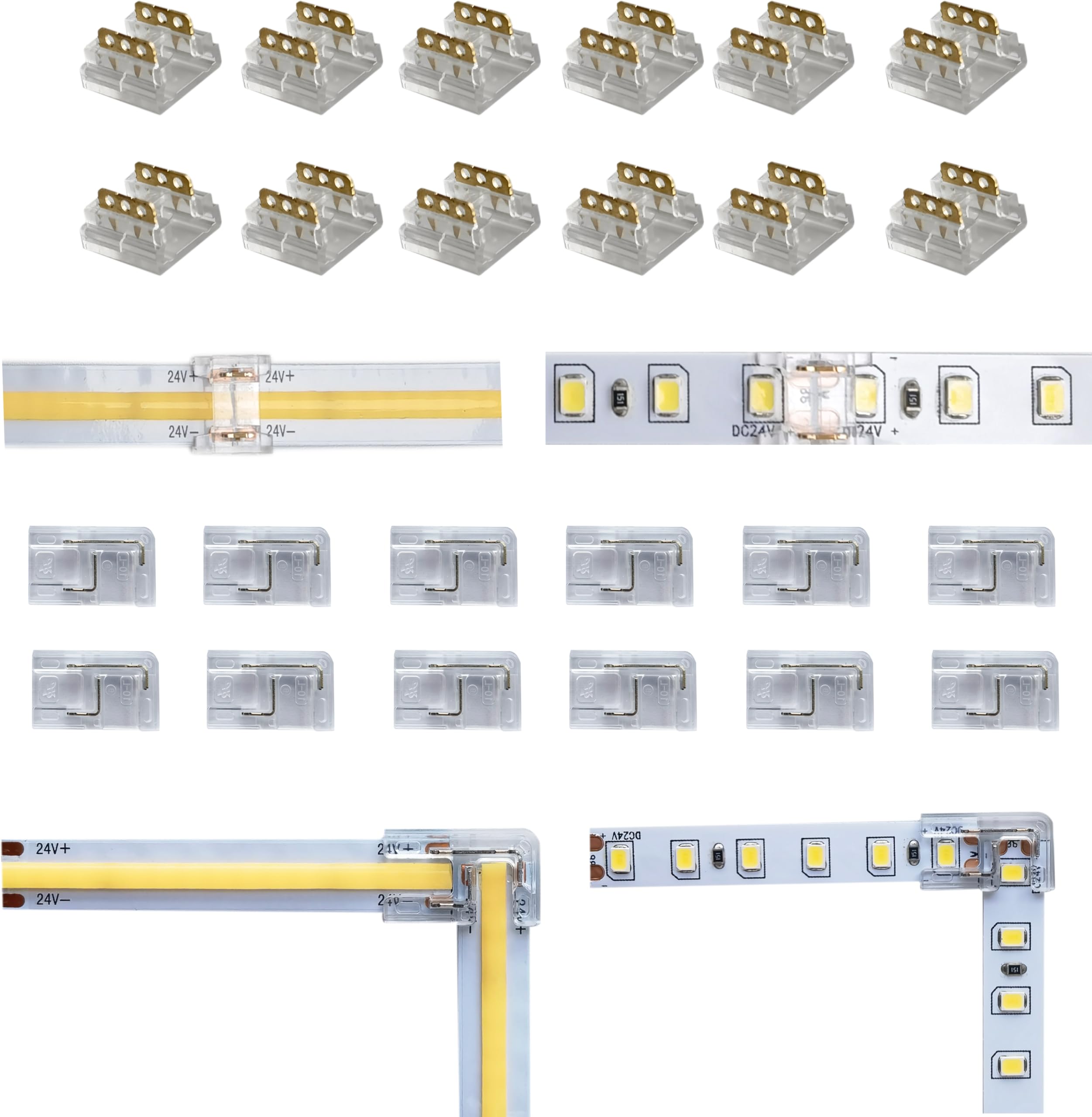 24Pcs 2Pin 10mm Straight & L Shape Led Strip connectors for 10mm Width COB/SMD Single Color Led Strips