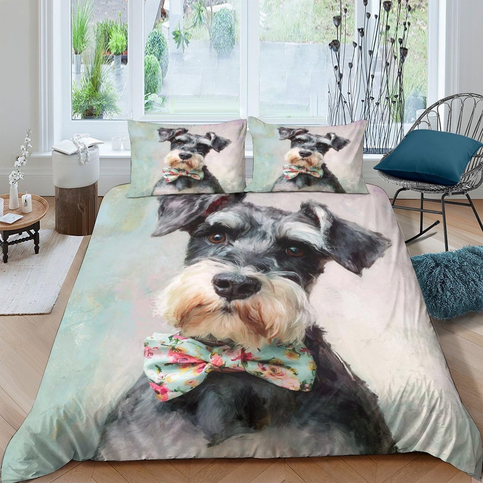 Ctjqhvkz Style-9 3D Printed Schnauzer Dog Fitted Sheet Microfiber Soft Animal Bow Tie Mattress Cover For Bedroom Guest Room Bed Decor Single（135X200cm）