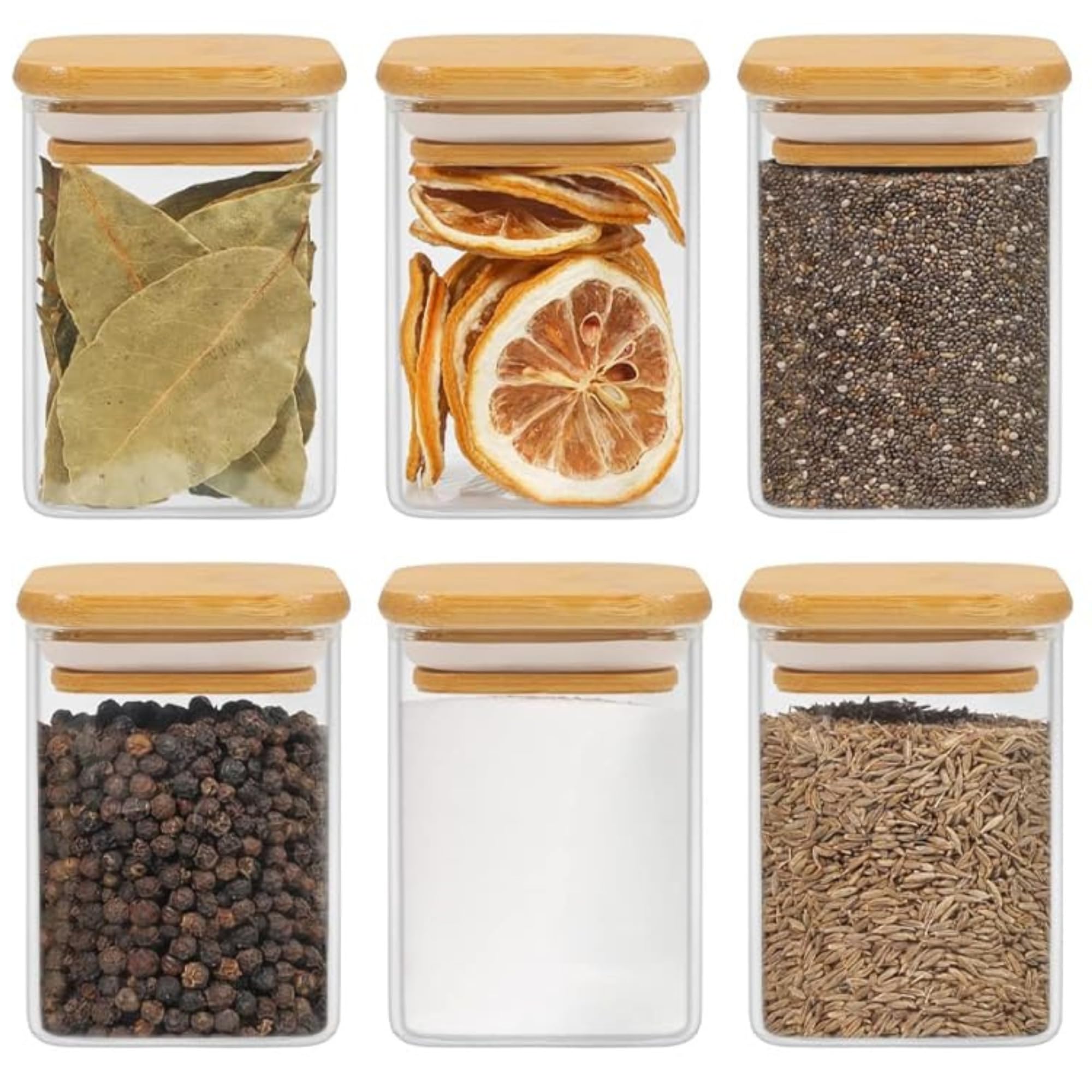 Airtight clear glass storage canister with wood lid food storage container jar with sealing bamboo lid for kitchen storage and multipurpose use (220ML SQUARE JAR, 6 PCS)