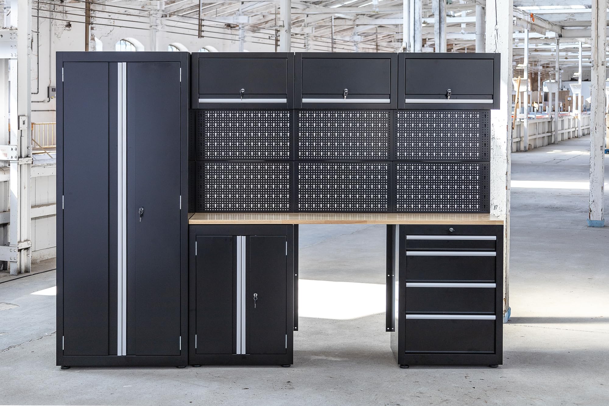 Ondis24 XL Werkstatt Komplett Set 260cm vormontierte Männerküche Werkstattrichtung modular mit Holzarbeitsplatte, Werkzeugschränke, Werkbank mit Schubladen (9 TLG.)