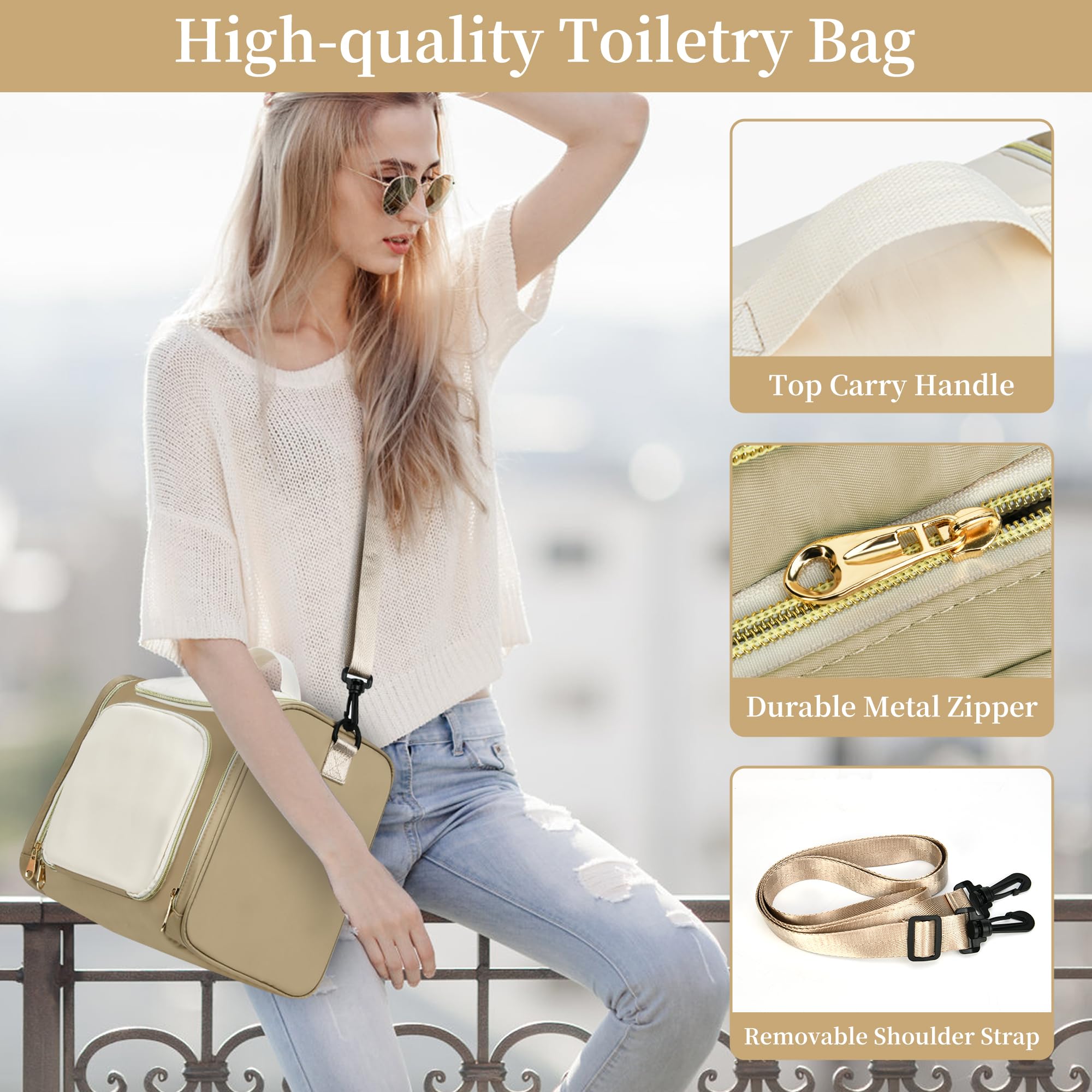 LOKASS Toiletry Bag for Women, Travel Makeup Cosmetic Bag with Hanging Hook for Shampoo Toiletries Full-size Container, Water-resistant Travel Organizer Bag Gift for Women (Large, Black)