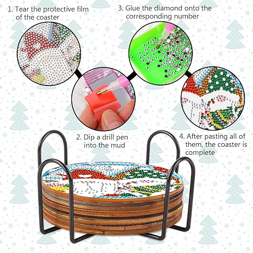 Miniatura 7 de Kit de 8 posavasos de pintura de diamante con soporte, posavasos de gnomo 5D de diamante, manualidades de arte de diamante, posavasos de diamante