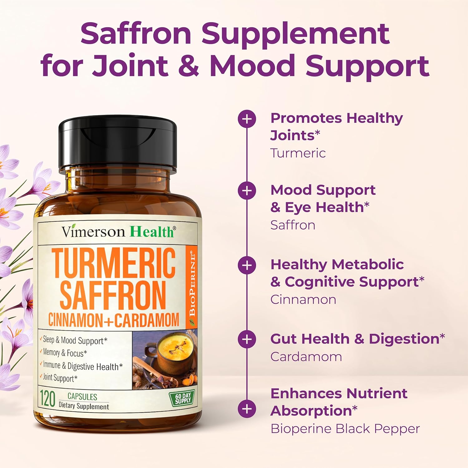 Saffron Supplements – 89mg Saffron Extract, 1000mg Turmeric Curcumin, Ceylon Cinnamon & Cardamom – Daily Mood, Joint & Metabolic Support – Joint Supplements for Women & Men – 120 Capsules