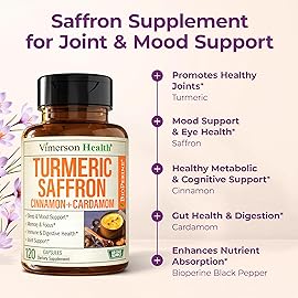 Saffron Supplements - 89mg Saffron Extract and 1000mg Tumeric Blend - Turmeric Supplement with Ceylon Cinnamon and Cardamom for Mood, Memory & Eye Health - Joint Supplements for Women & Men, 120 Count