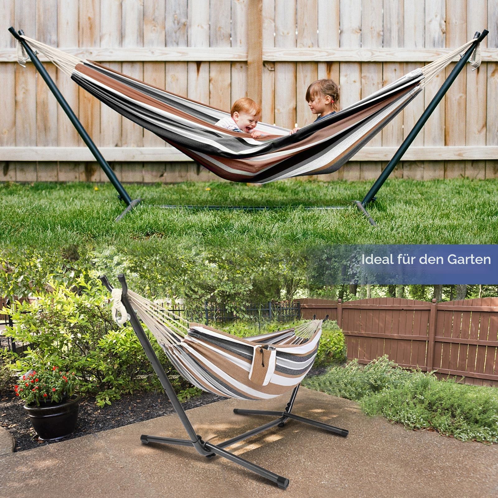 Bonnlo Hängematte Outdoor,Hängematte Gestell mit ca.204 kg Tragfähigkeit,Inklusive Tragetasche,Perfekt für Indoor-Außenterrasse & Terrasse & Hof und Balkon,Höhenverstellbar (Kaffee-Strichmuster)