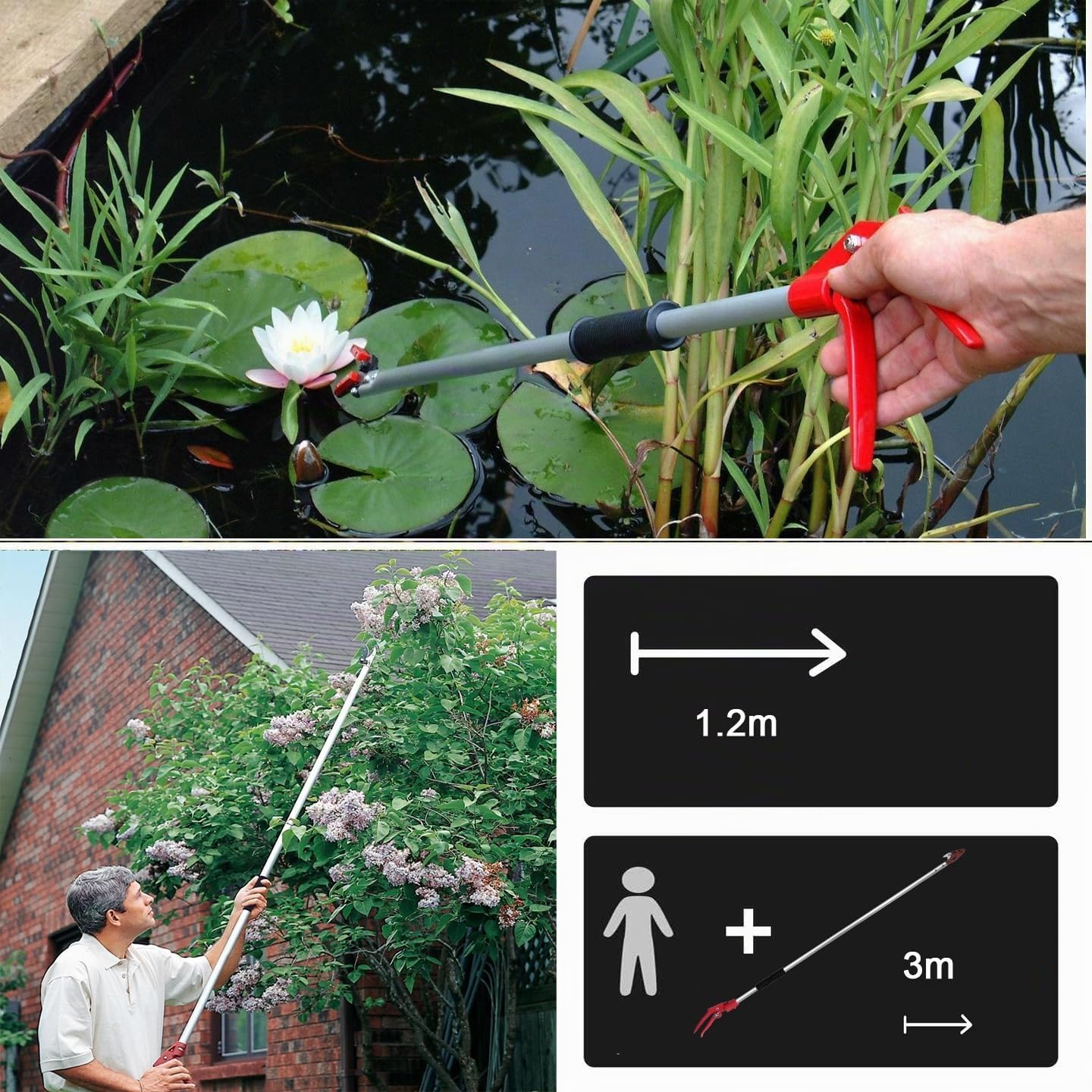 Tijeras de podar con mango de aluminio para plantas acuáticas 1,2 m, diseño de jirafa de hasta 8 mm con sujeción para podar árboles frutales, podar y recolectar mango de aluminio