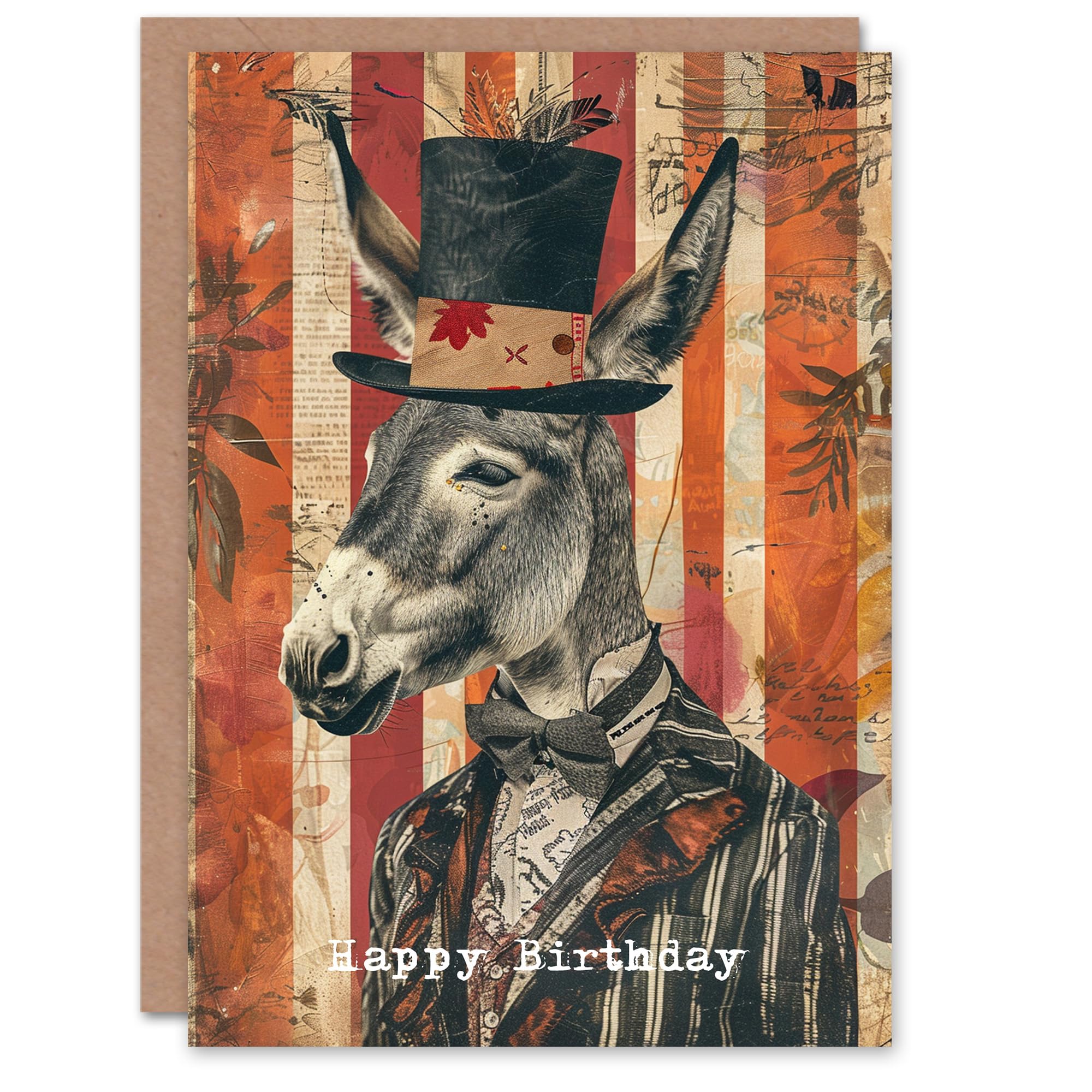 Artery8 Birthday Card Donkey Bow Tie Suit and Top Hat Fun Collage Blank Arty Art All Occasion Greeting Card