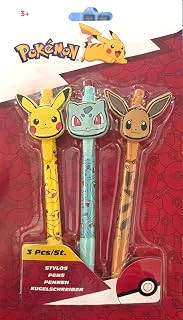 Pokémon Set of 3 Retractable Ballpoint Pens – Pikachu, Bulbasar and Eevee – School Supplies and Stationery for Children & Fan – Gift Idea for Back to School and Birthday