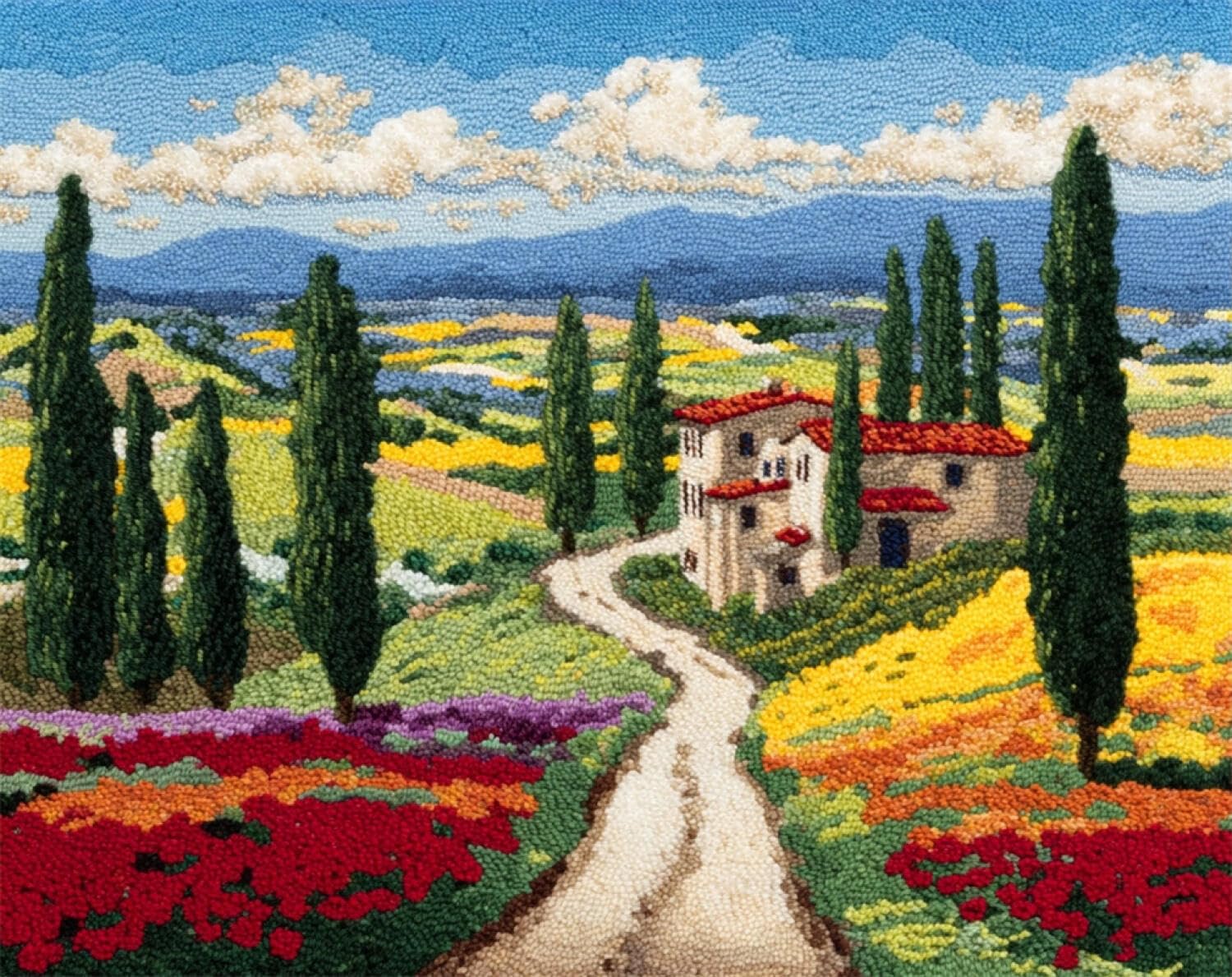 Henypt DIY Knüpfteppich zum Selber Knüpfen Ländliches Blumenfeld 80x160cm | Landschaft Sticken Set Für Anfänger Bedruckter Teppich Handgefertigte Geschenke,Wanddekoration