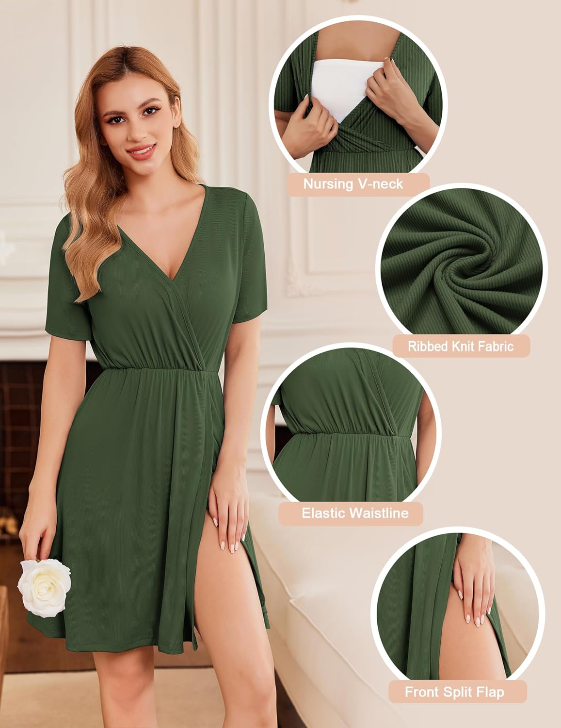 Ekouaer Maternity Nursing Dress V Neck Short Sleeve Breastfeeding Dresses Ribbed Knit Pregnancy Clothes S-XXL - Image 2