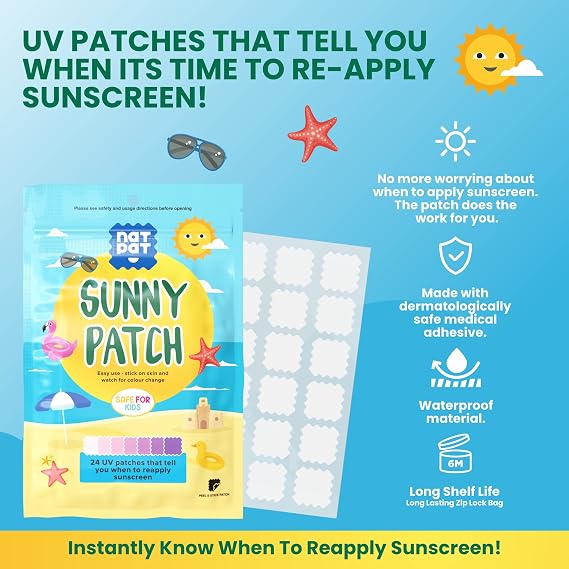 NATPAT BuzzPatch Sunny Patch UV Detecting Patches for Kids and Adults (24 Pack) – The Natural Patch - All-Natural Waterproof Patches, Changes Color When Time To Reapply Your Sun Protection Cream