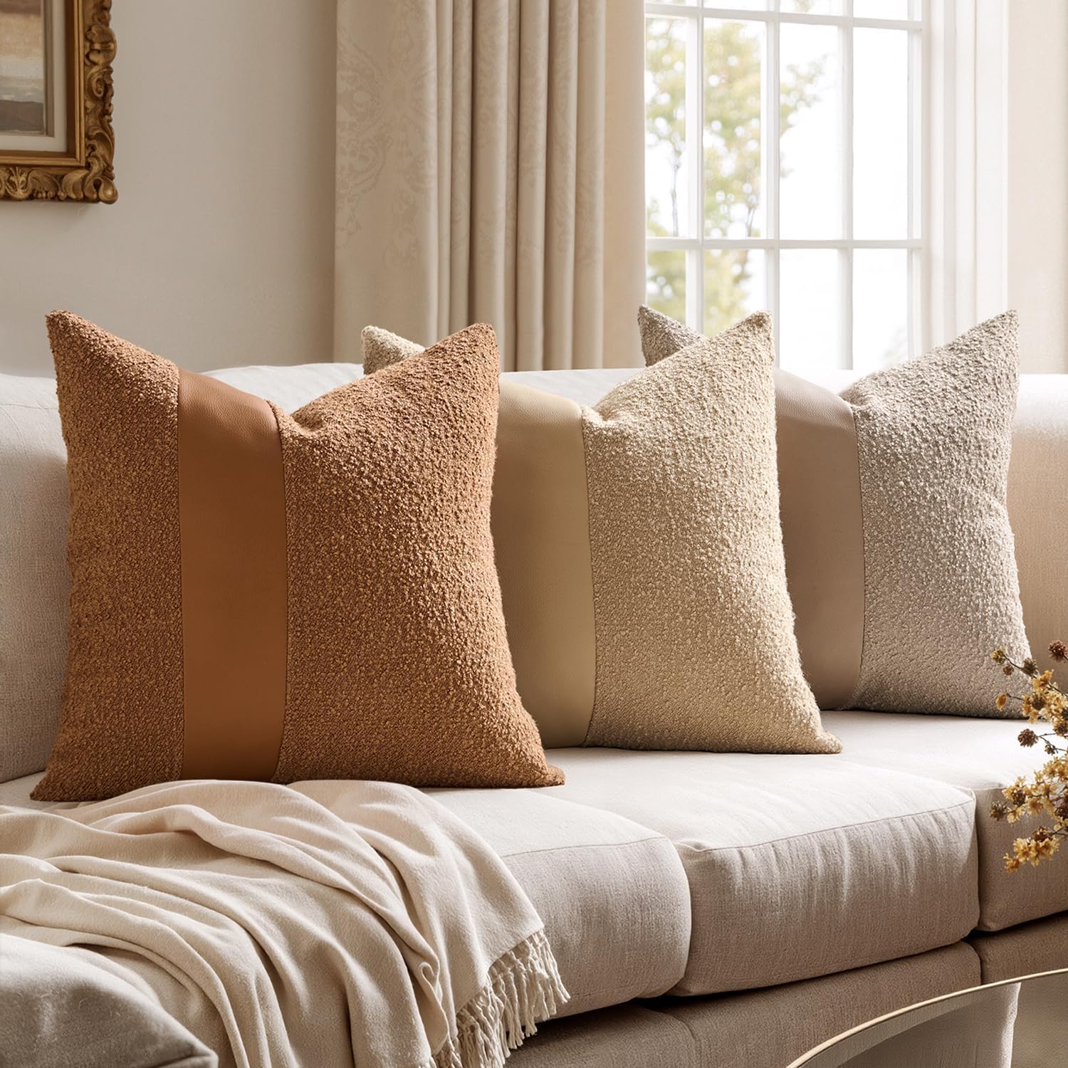 MIULEE Boucle Throw Pillow Covers 20x20 Inch Set of 2 Brown Faux Leather Textured Decorative Pillow Cases Boho Farmhouse Accents Cushion Covers for Couch Bed Livingroom Home Decor - Image 4