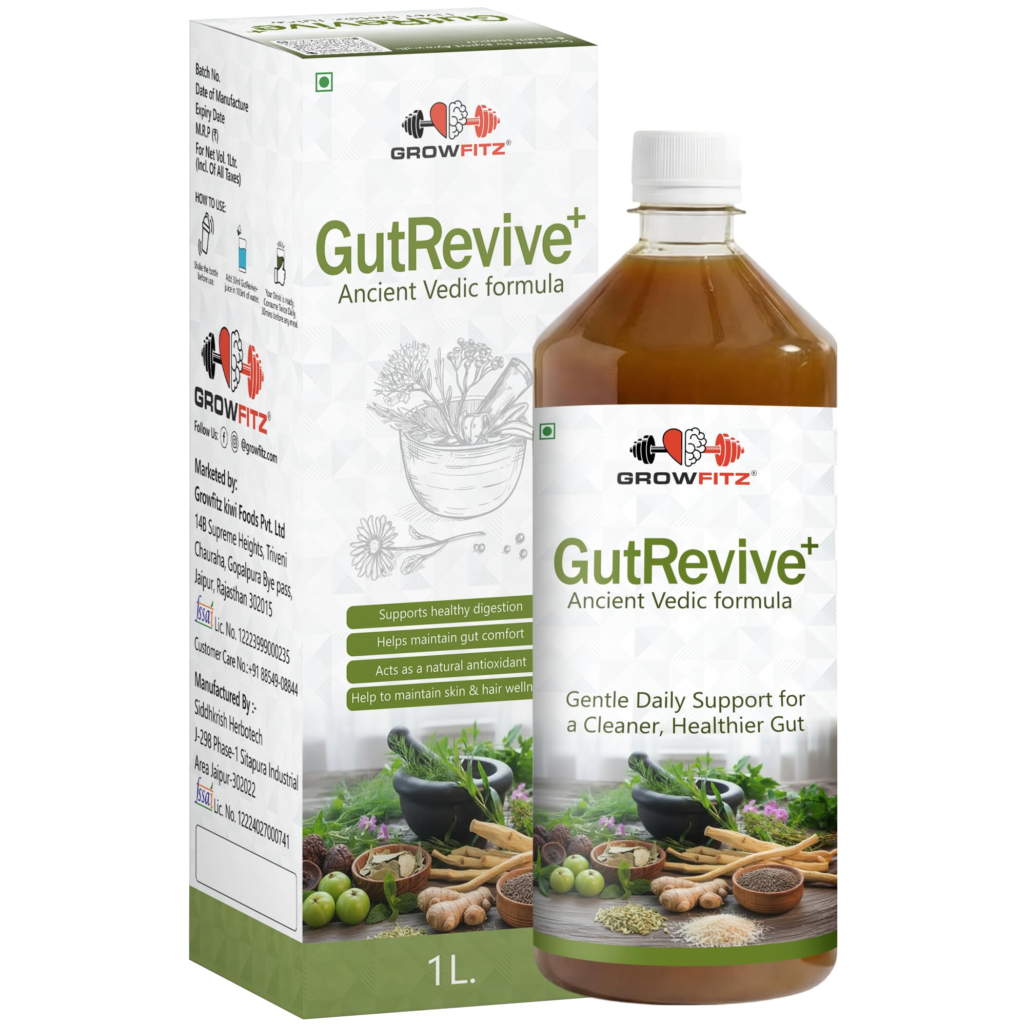 Growfitz GutRevive+ Liver Care Juice 1L | Natural Liver Detox & Digestive Cleanse | Triphala, Amla, Mulethi, Senna & Herbal Gut Support | No Added Sugar