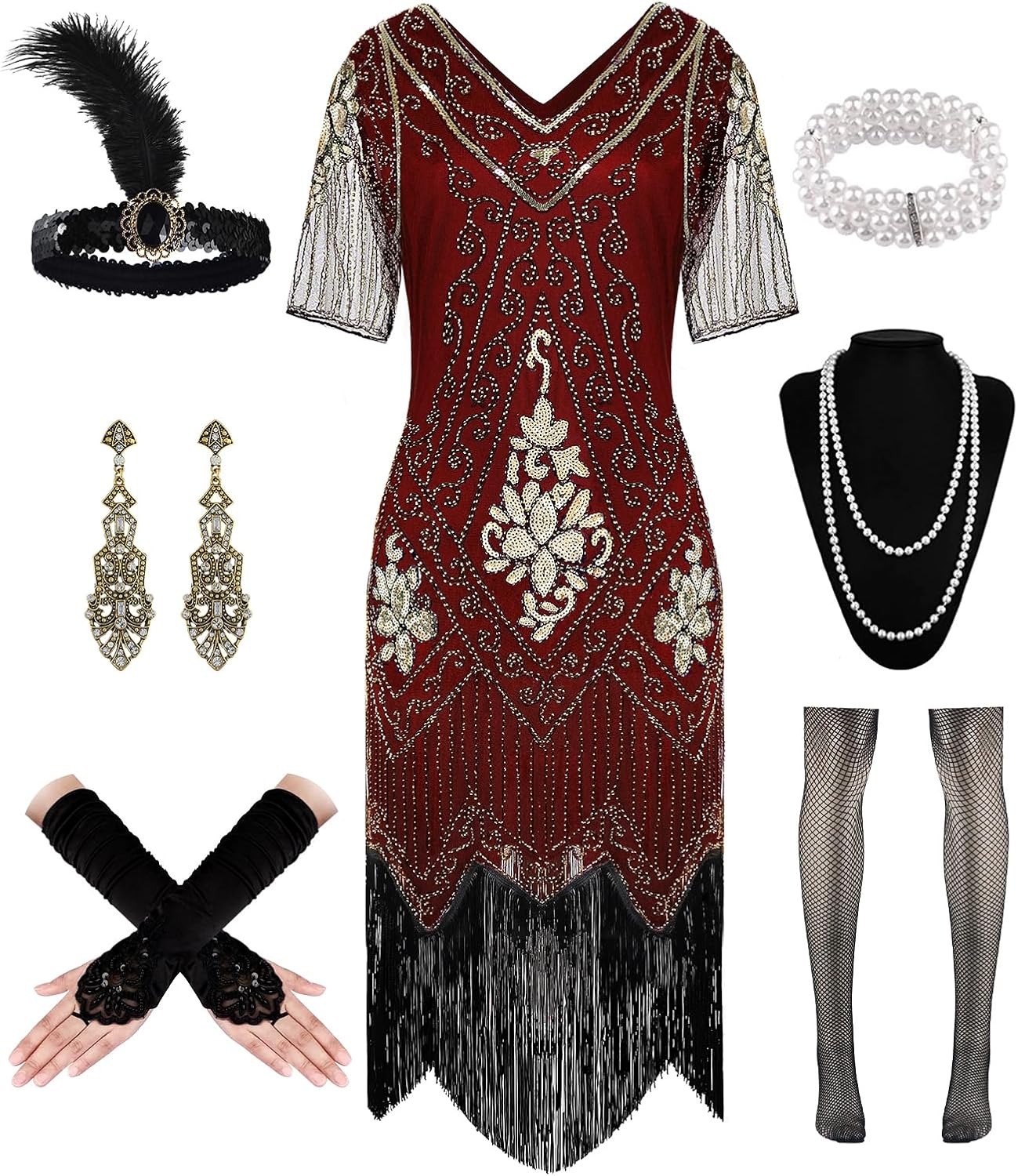 WILDPARTY 1920S Women Flapper Dress Sequin Dress V Neck Lace Fringed Dress Costume with Roaring 20s Accessories