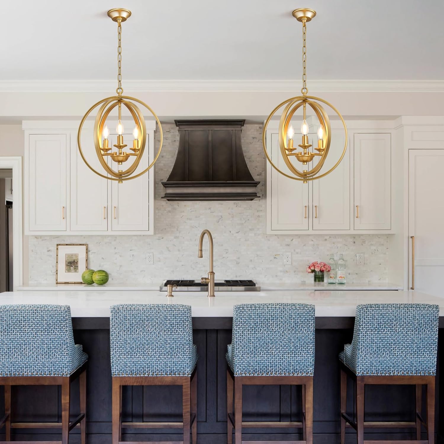 3-Light Modern Gold Pendant Lights, Farmhouse Dining Room Light Fixtures Industrial Chandelier, Metal Geometric Kitchen Island for Entryway Hallway Foyer Bedroom